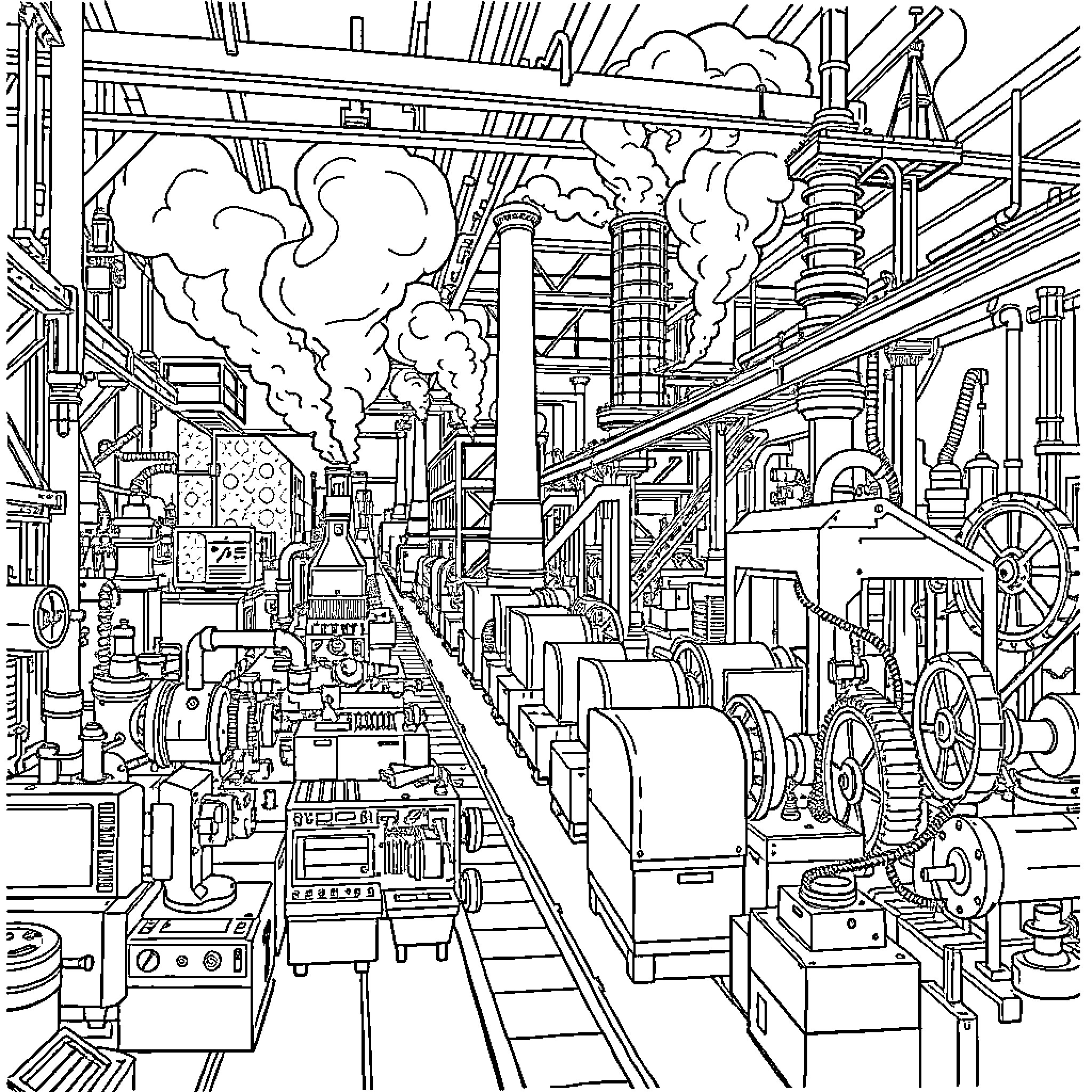Industrial Revolution: Bustling Factory Floor Coloring Page (free black-and-white line drawing printable PDF for all, from beginners to advanced learners, including children, teens, adults, and seniors)