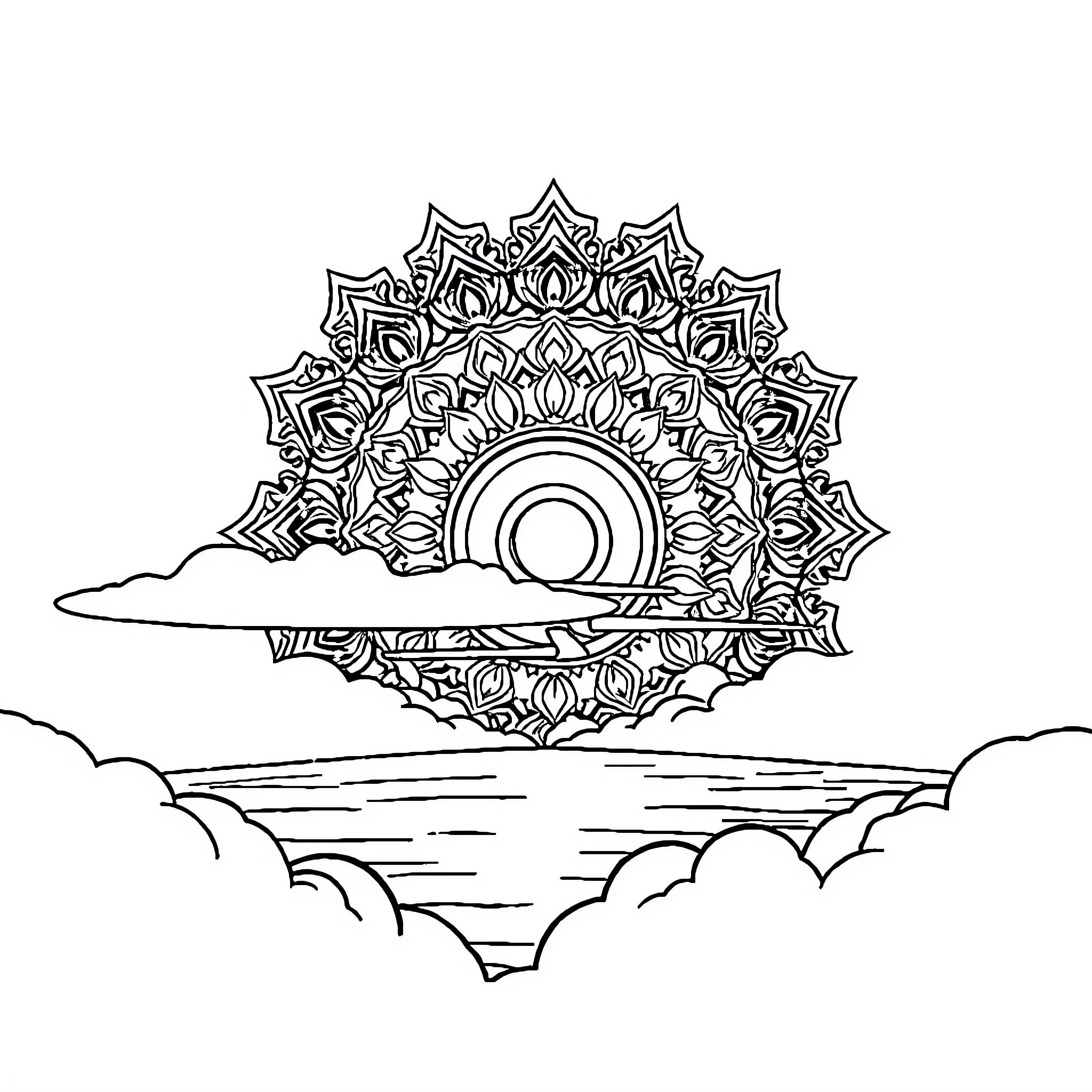 Sunset Mandala Above Serene Clouds Coloring Page (free black-and-white line drawing printable PDF for all, from beginners to advanced learners, including children, teens, adults, and seniors)