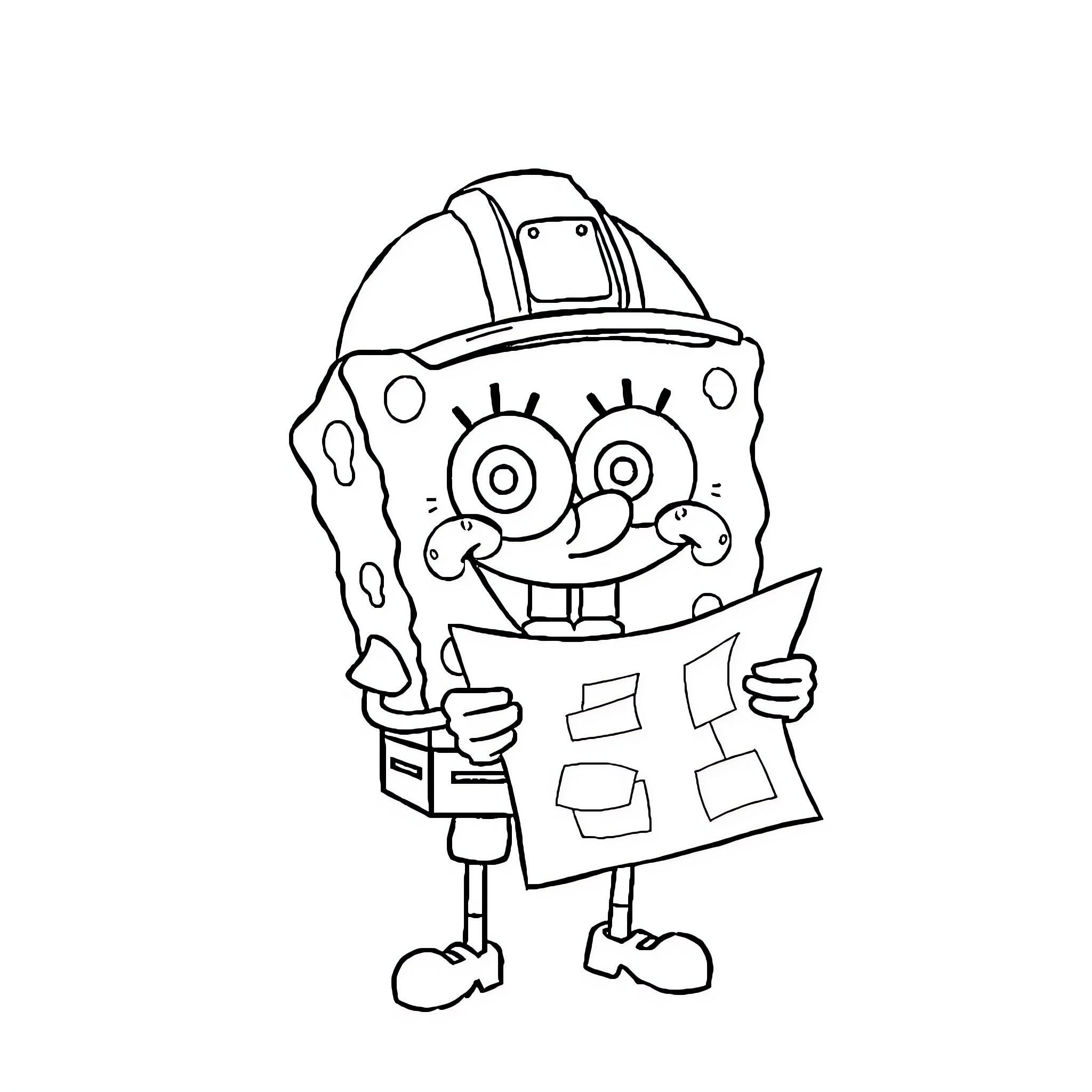 Spongebob working with construction plans Coloring Page (free black-and-white line drawing printable PDF for all, from beginners to advanced learners, including children, teens, adults, and seniors)