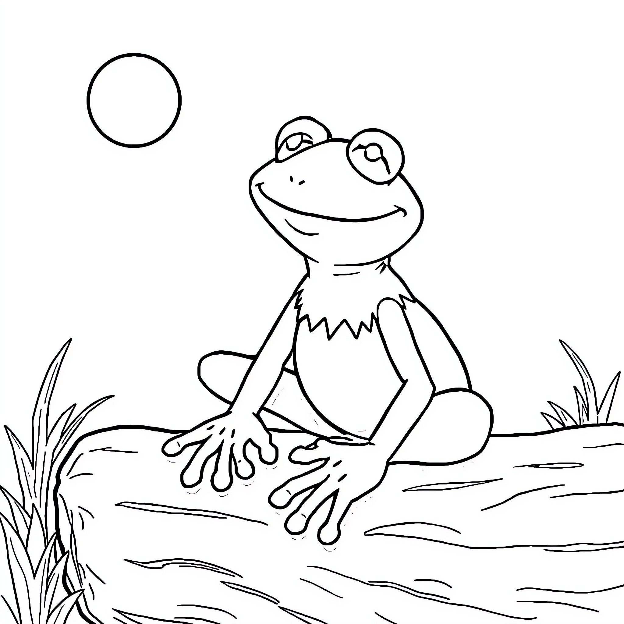Kermit the Frog sitting by the pond Coloring Page (free black-and-white line drawing printable PDF for all, from beginners to advanced learners, including children, teens, adults, and seniors)
