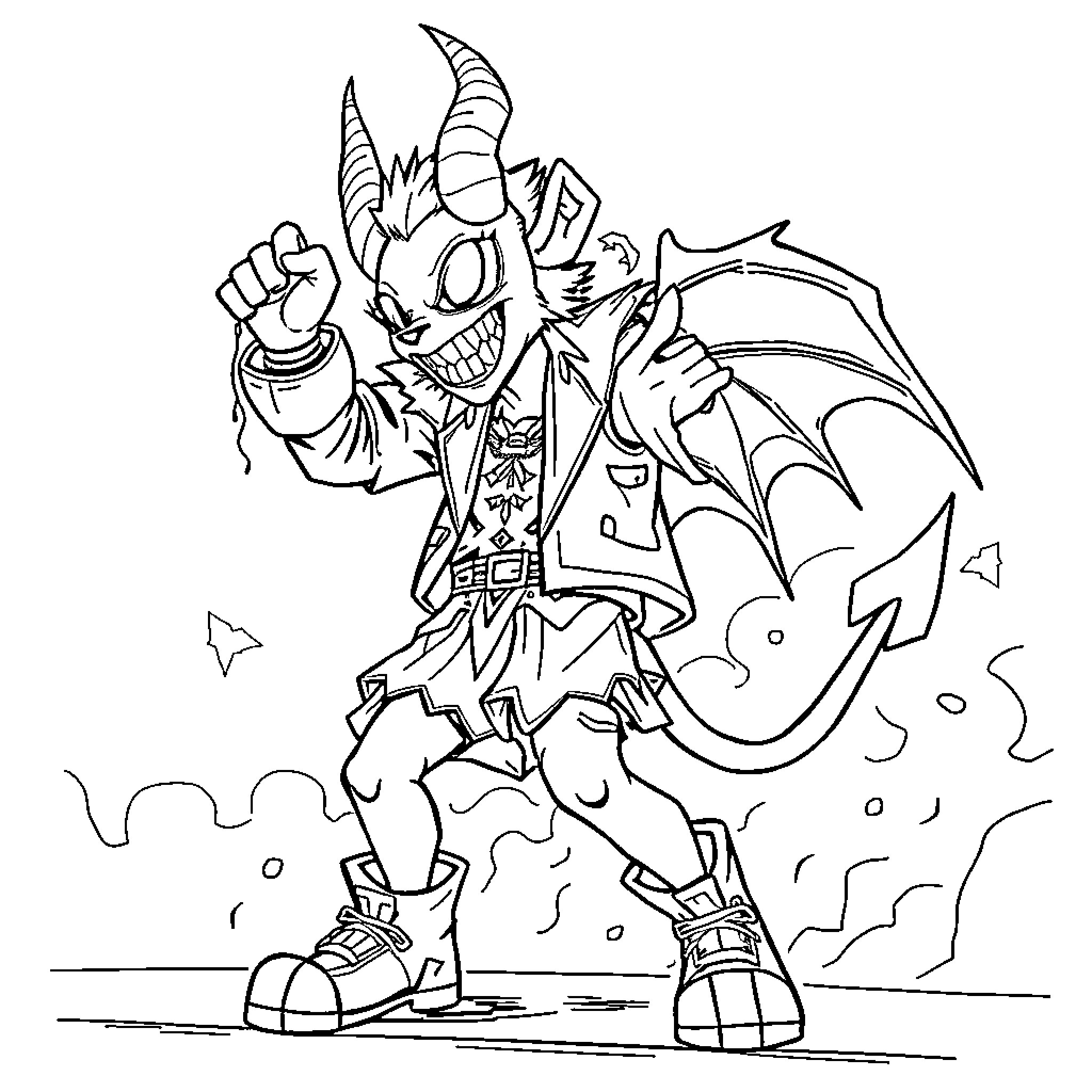 Devil Jester Wreaking Havoc in Fiendish Delight Coloring Page (free black-and-white line drawing printable PDF for all, from beginners to advanced learners, including children, teens, adults, and seniors)