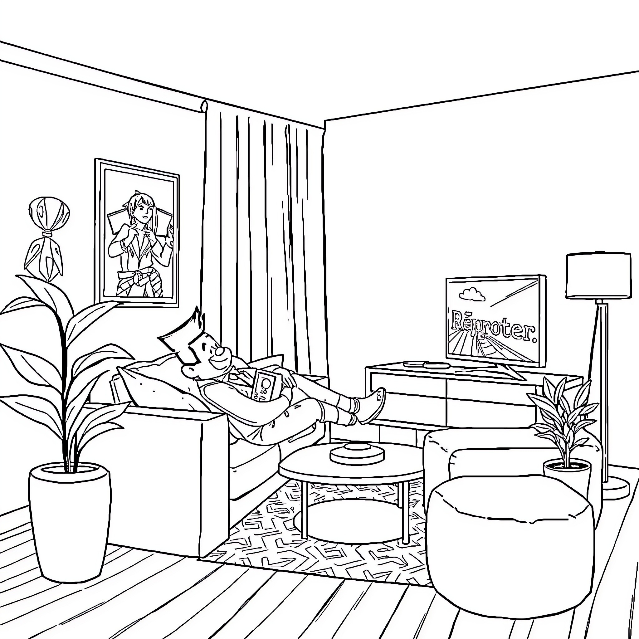 Karakter Kartun relaxing at home watching television Coloring Page (free black-and-white line drawing printable PDF for all, from beginners to advanced learners, including children, teens, adults, and seniors)