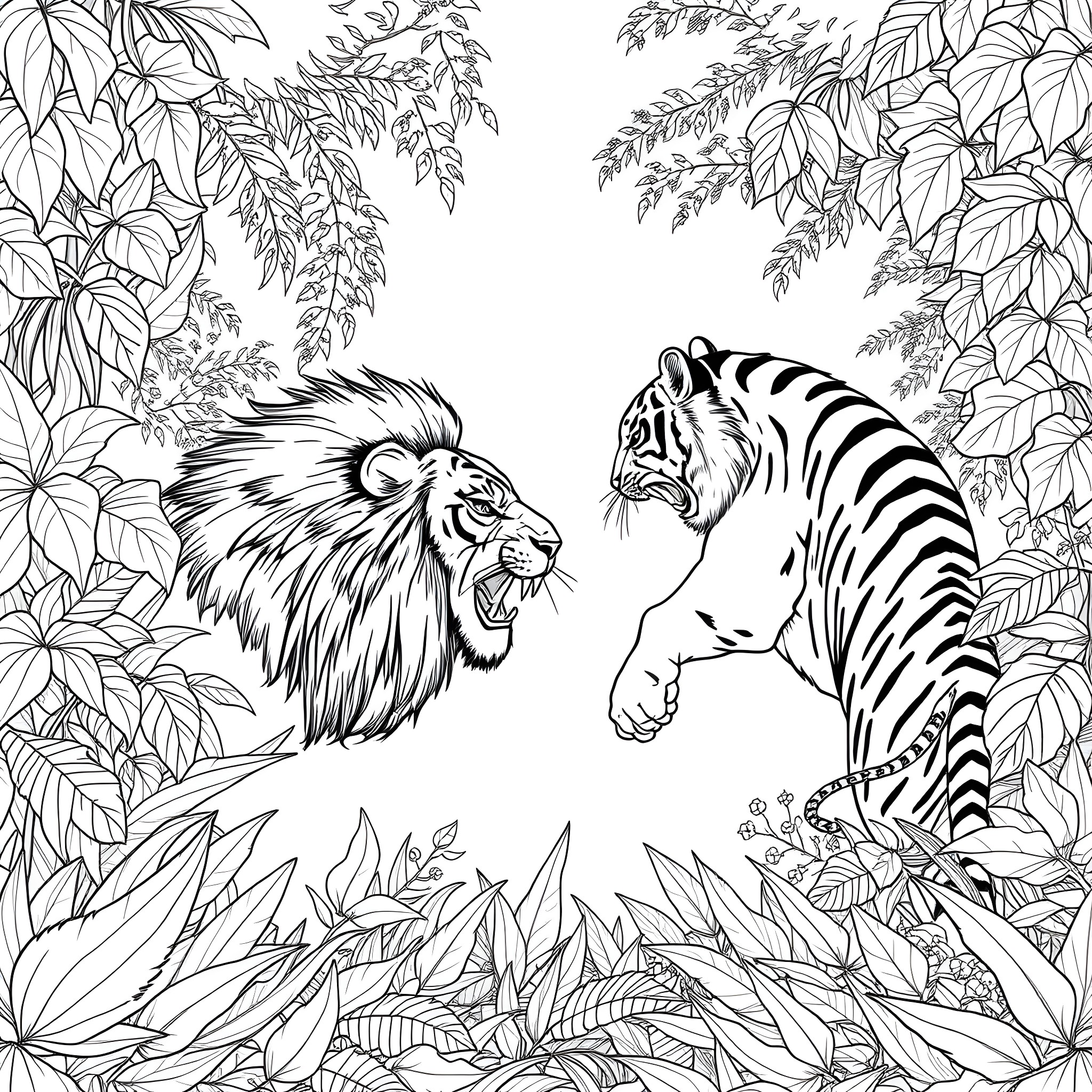Lion and Tiger Facing Off in Lush Jungle Foliage Coloring Page (free black-and-white line drawing printable PDF for all, from beginners to advanced learners, including children, teens, adults, and seniors)