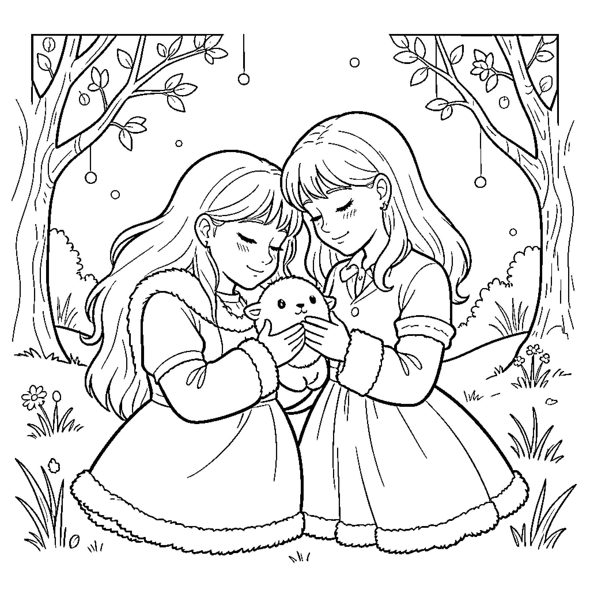 Flocon two girls hugging a small fluffy lamb Coloring Page (free black-and-white line drawing printable PDF for all, from beginners to advanced learners, including children, teens, adults, and seniors)