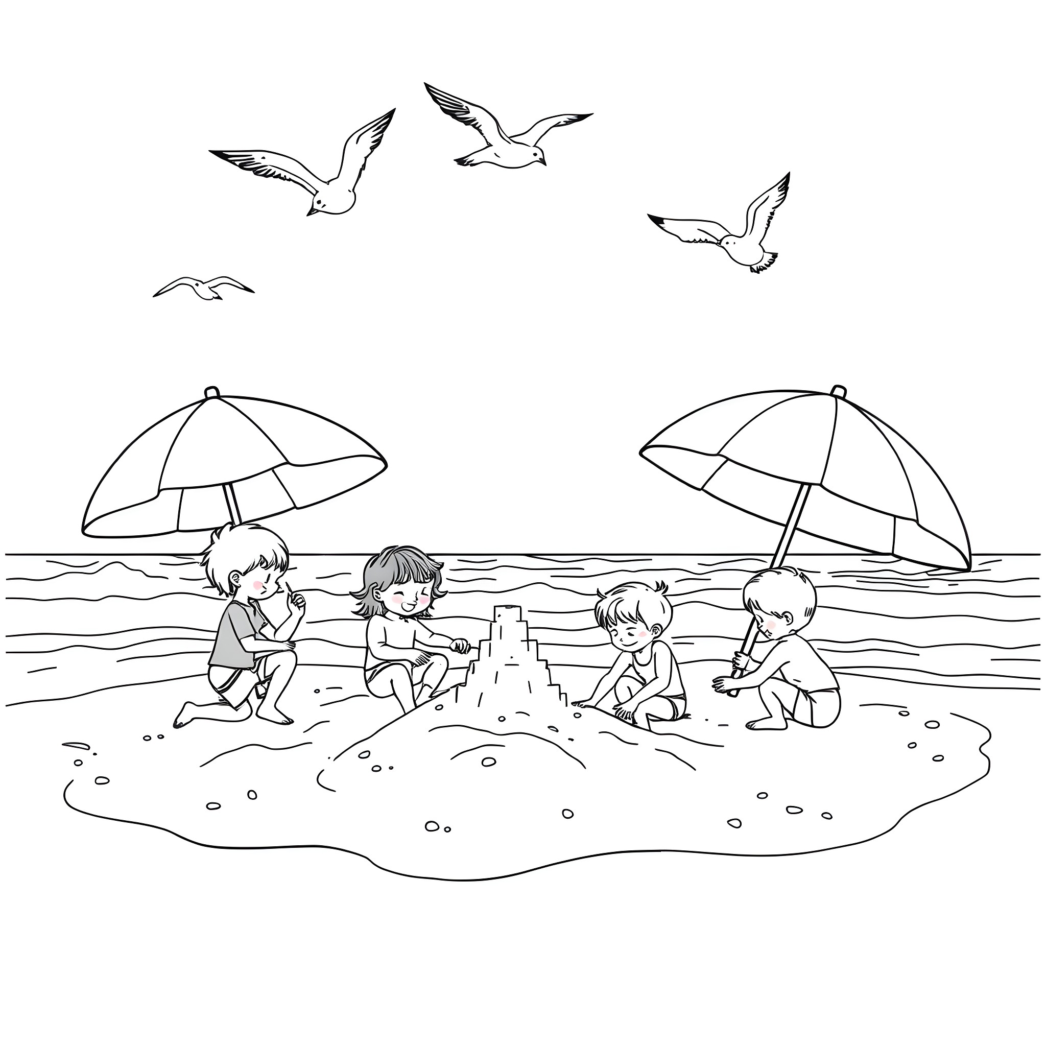 Kid playing on the beach with friends under umbrellas Coloring Page (free black-and-white line drawing printable PDF for all, from beginners to advanced learners, including children, teens, adults, and seniors)