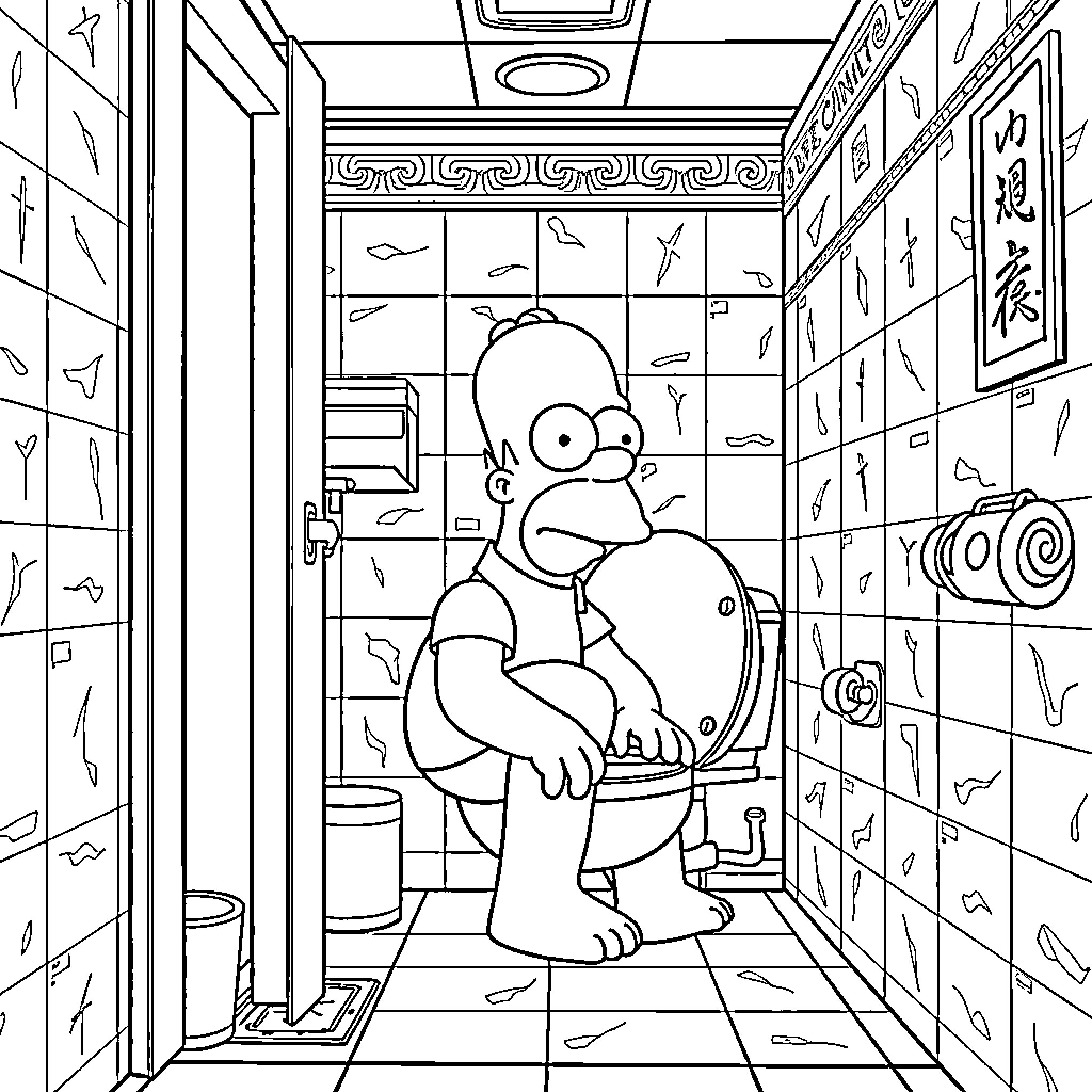 Homer Simpson in a Comical Bathroom Situation Coloring Page (free black-and-white line drawing printable PDF for all, from beginners to advanced learners, including children, teens, adults, and seniors)