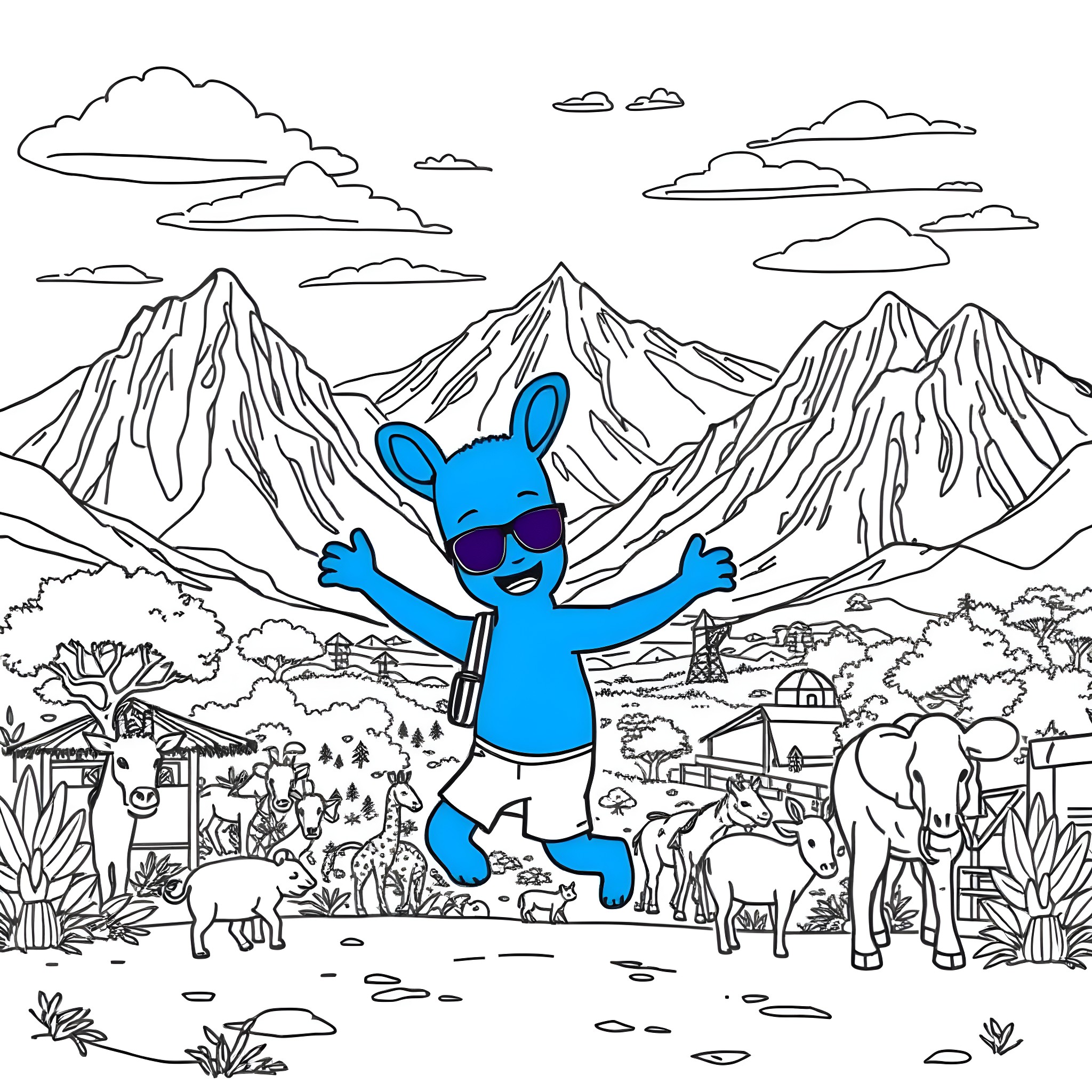 Bluey enjoys the great outdoors with friends and family Coloring Page (free black-and-white line drawing printable PDF for all, from beginners to advanced learners, including children, teens, adults, and seniors)
