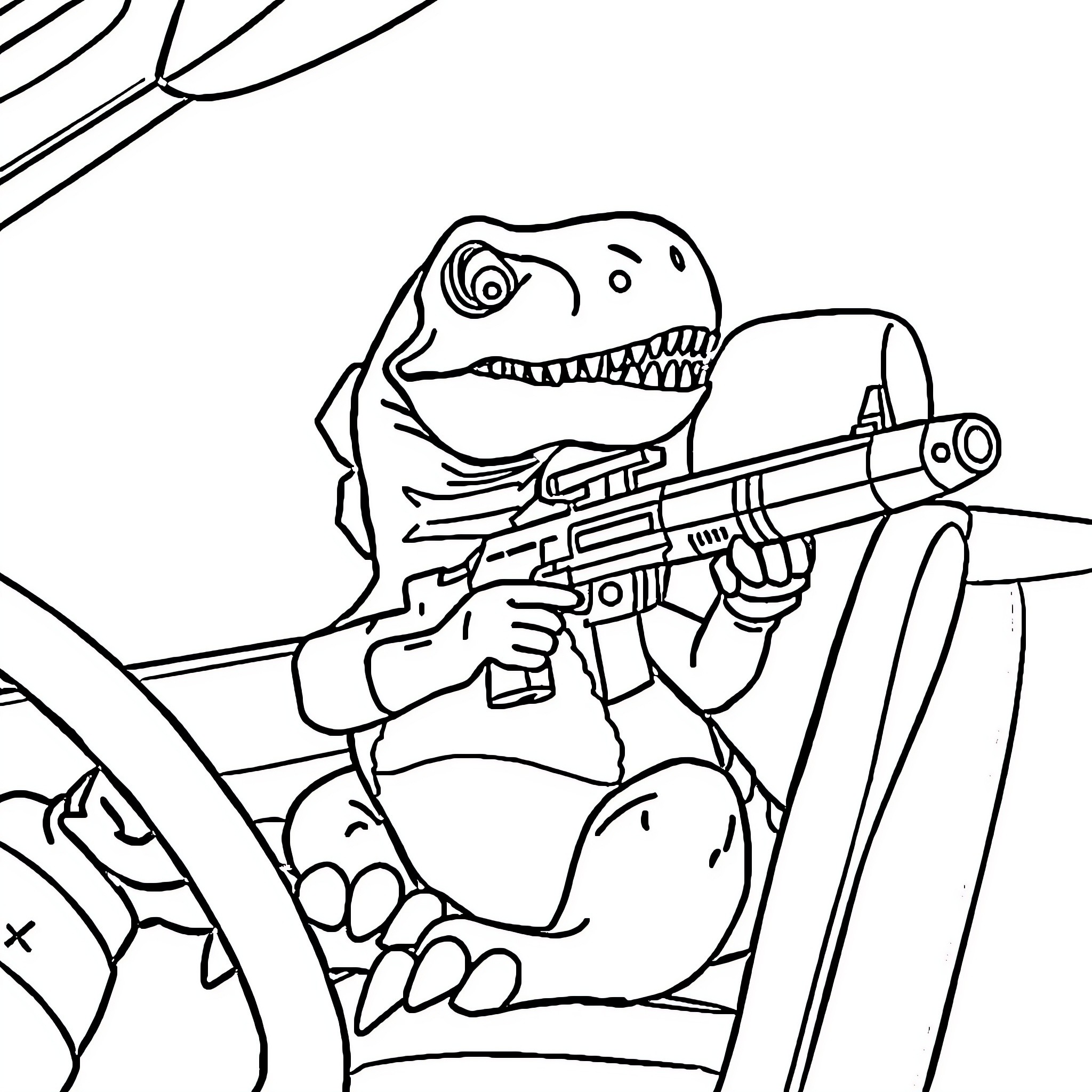 Dinosaur wielding futuristic weapon Coloring Page (free black-and-white line drawing printable PDF for all, from beginners to advanced learners, including children, teens, adults, and seniors)