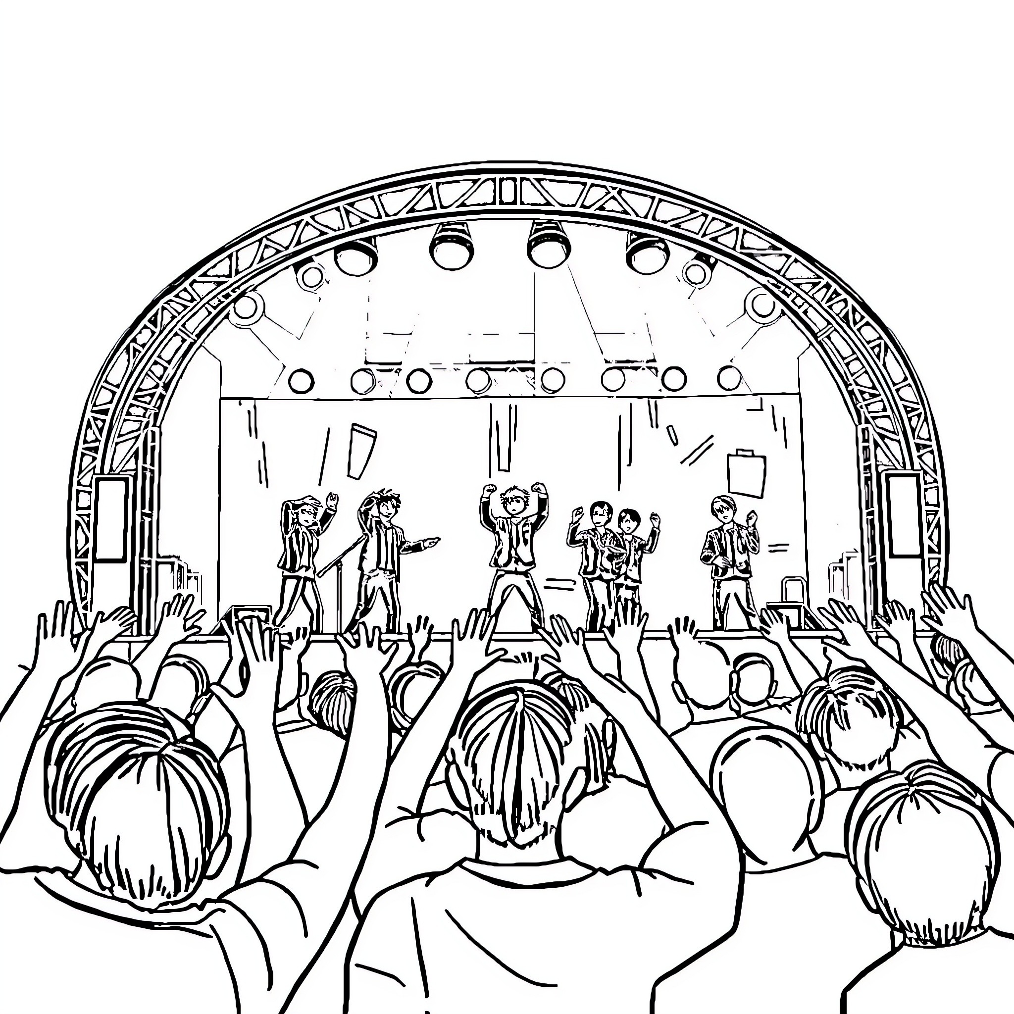 BTS Performing Energetically on Stage Coloring Page (free black-and-white line drawing printable PDF for all, from beginners to advanced learners, including children, teens, adults, and seniors)
