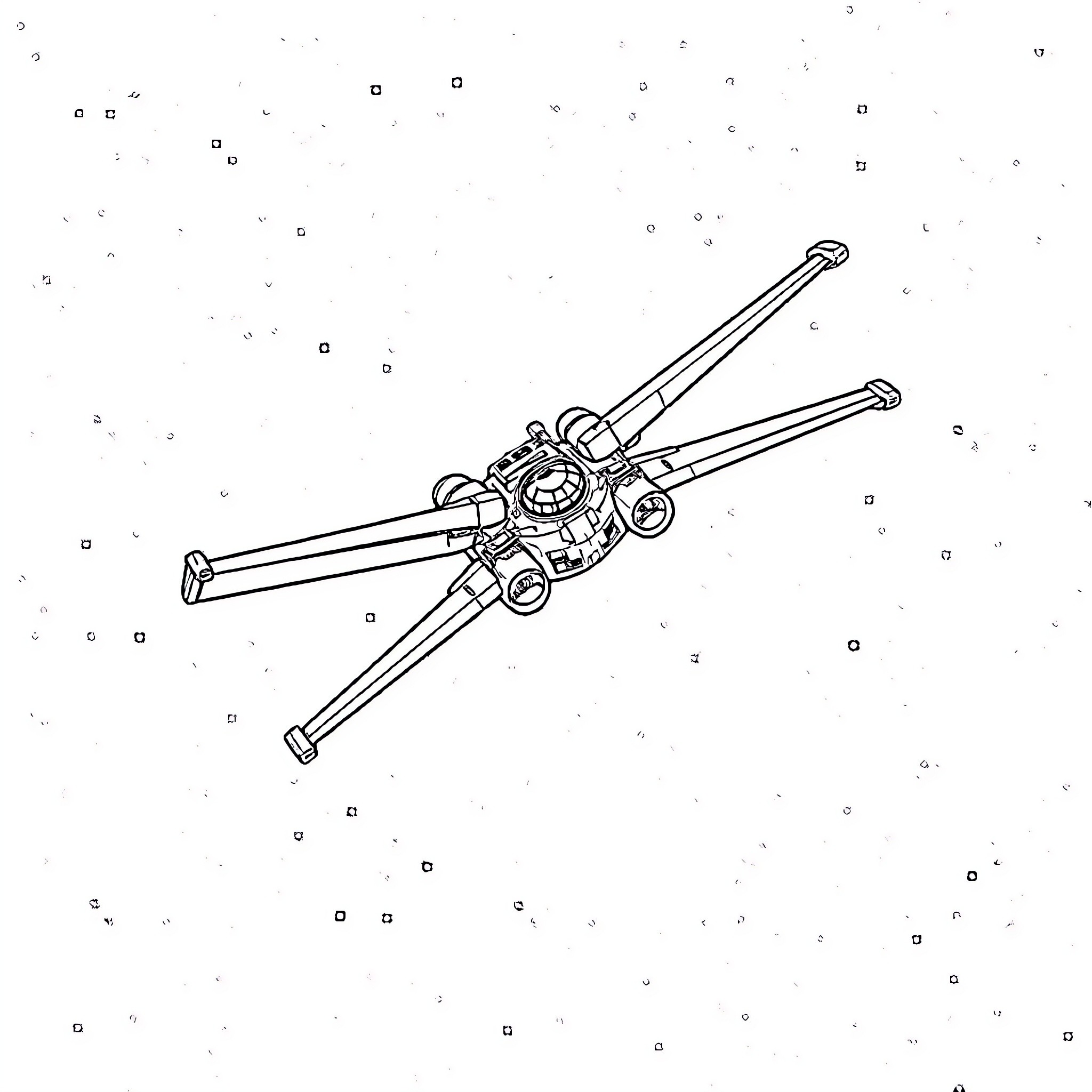 X-Wing Spacecraft in Flight over Starry Sky Coloring Page (free black-and-white line drawing printable PDF for all, from beginners to advanced learners, including children, teens, adults, and seniors)
