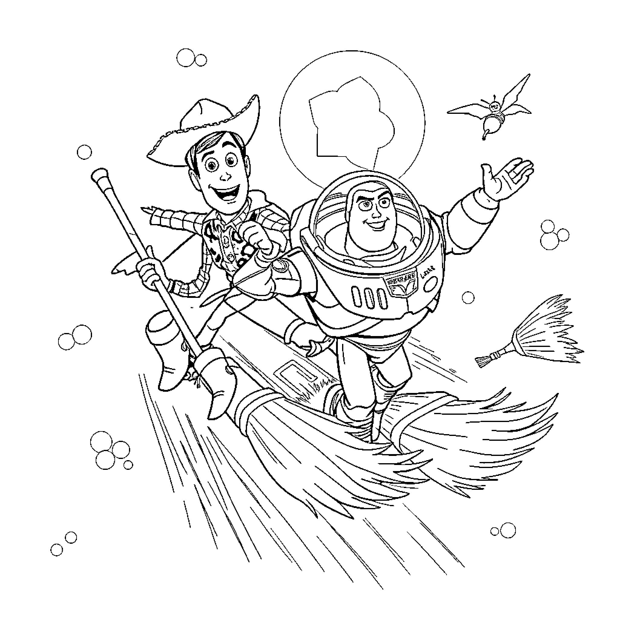 Toy Story Characters on Jet-Powered Adventure Coloring Page (free black-and-white line drawing printable PDF for all, from beginners to advanced learners, including children, teens, adults, and seniors)