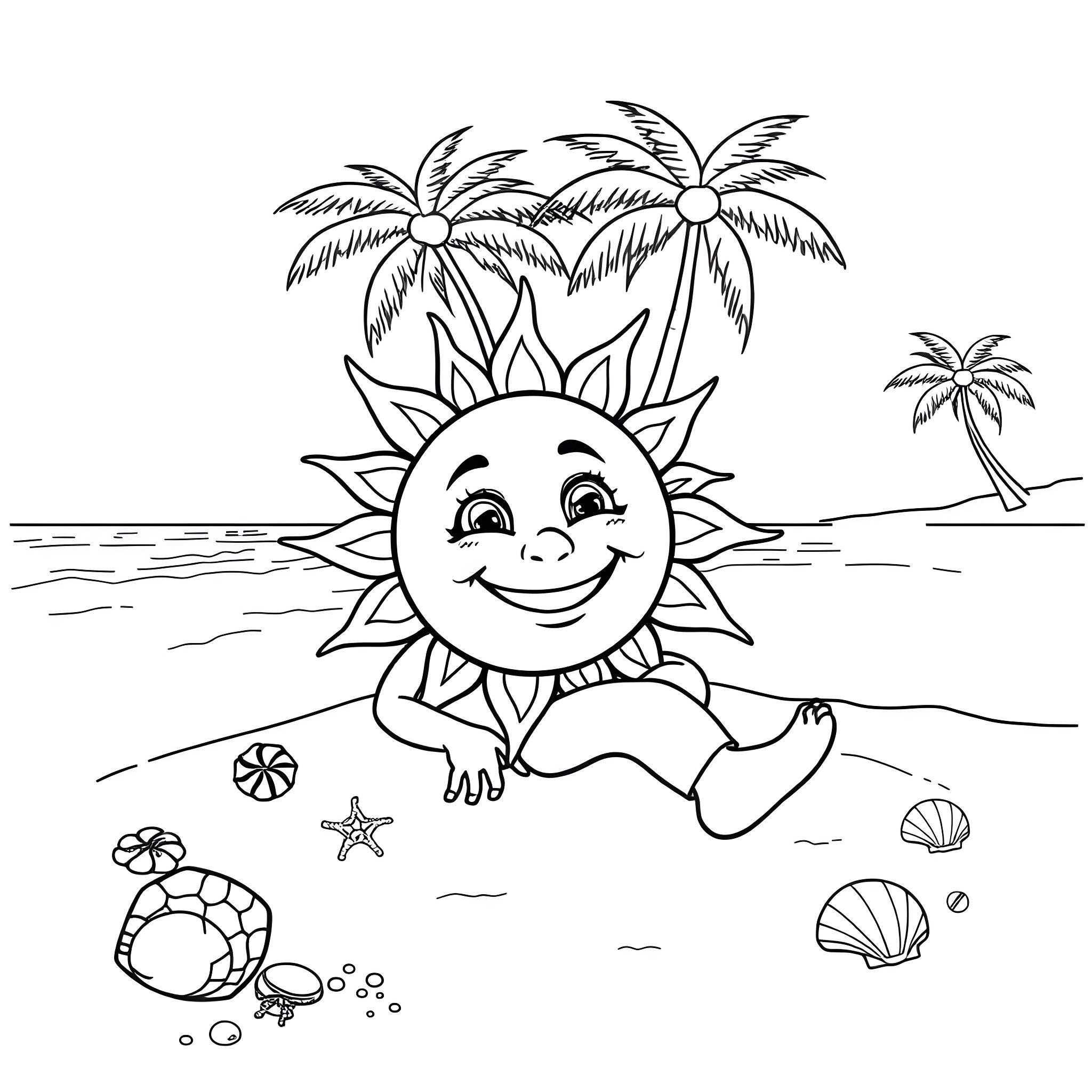 Sun smiling with palm trees on beach Coloring Page (free black-and-white line drawing printable PDF for all, from beginners to advanced learners, including children, teens, adults, and seniors)