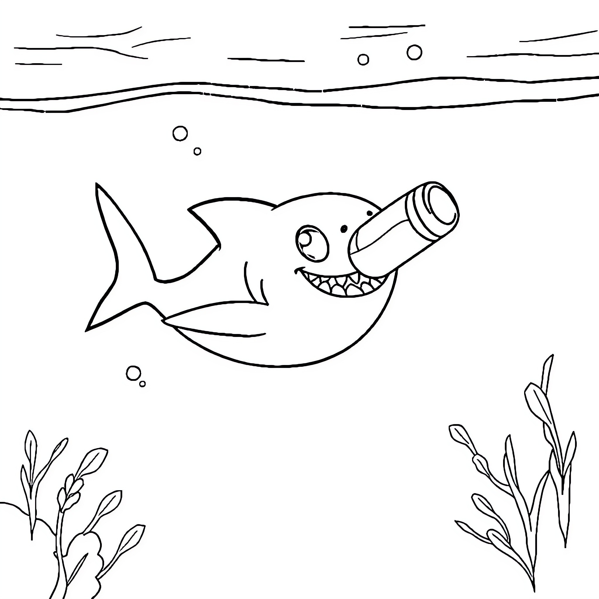 Shark exploring the underwater world Coloring Page (free black-and-white line drawing printable PDF for all, from beginners to advanced learners, including children, teens, adults, and seniors)