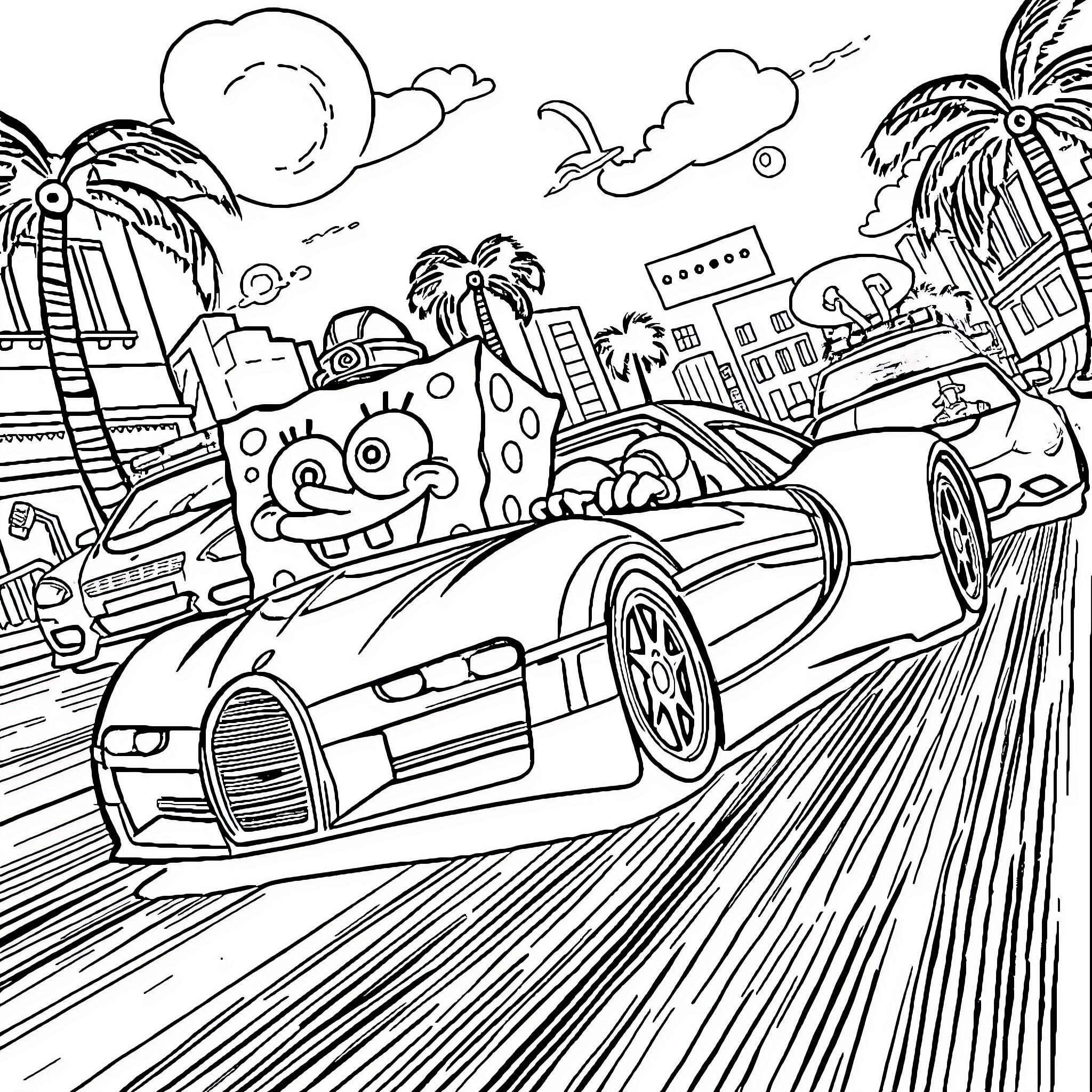 Spongebob's Crazy Ride Through the City Coloring Page (free black-and-white line drawing printable PDF for all, from beginners to advanced learners, including children, teens, adults, and seniors)
