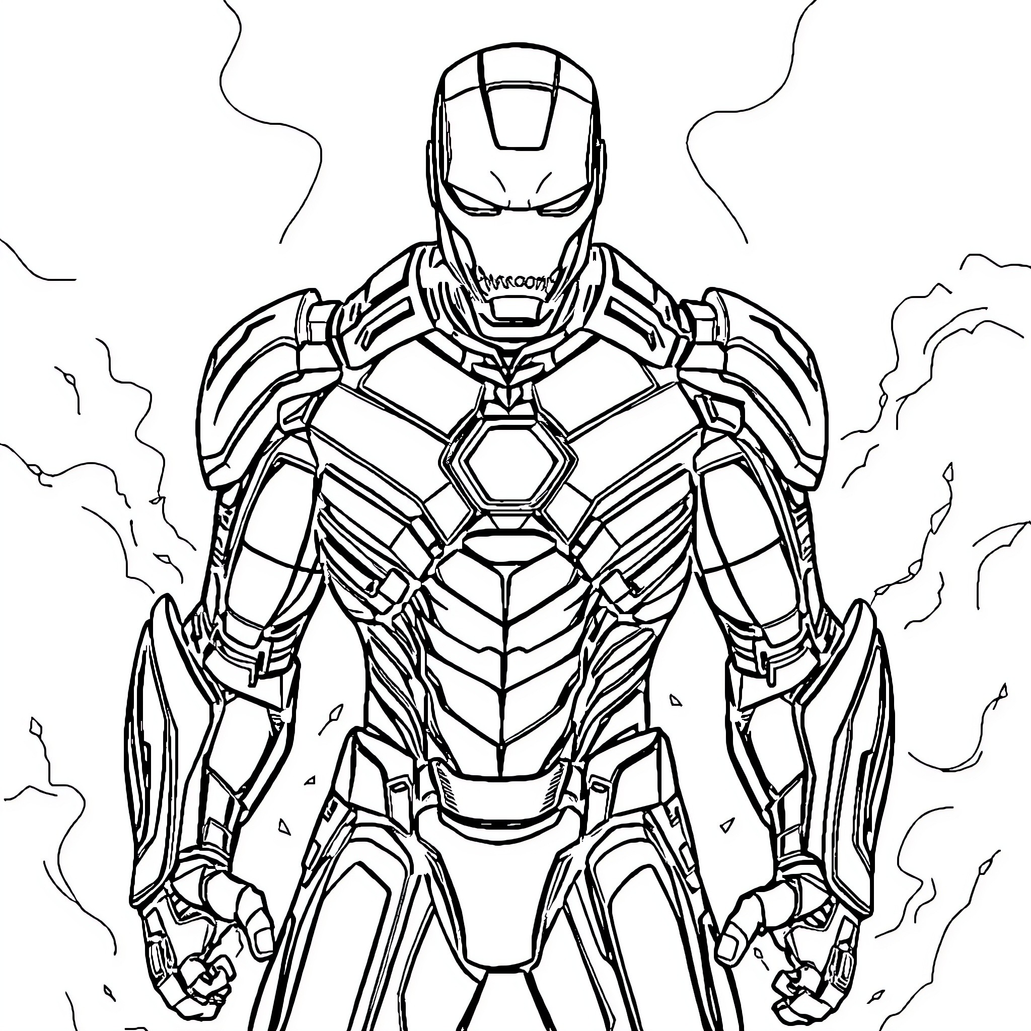 Iron Man in Heroic Armor Pose Coloring Page (free black-and-white line drawing printable PDF for all, from beginners to advanced learners, including children, teens, adults, and seniors)