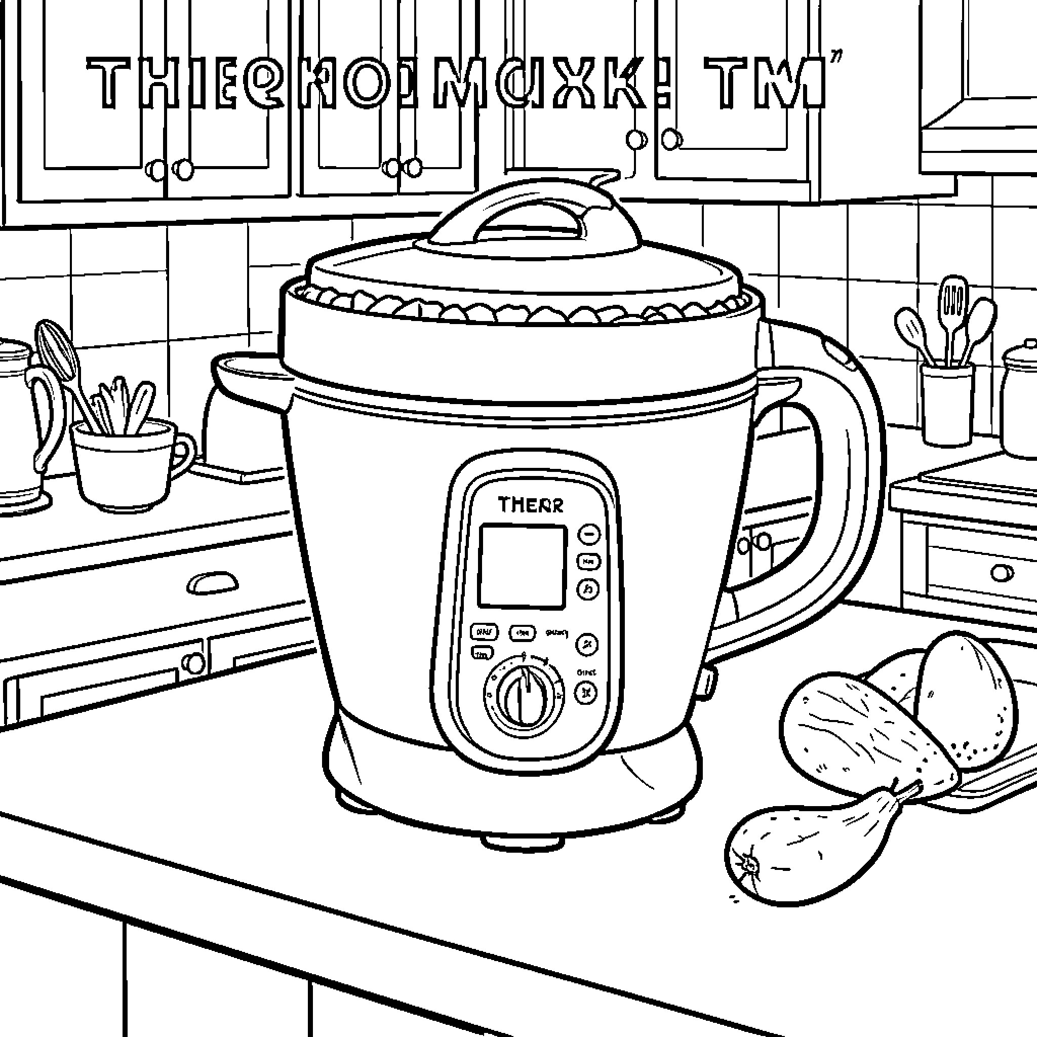 Thermomix in the kitchen with cooking ingredients Coloring Page (free black-and-white line drawing printable PDF for all, from beginners to advanced learners, including children, teens, adults, and seniors)