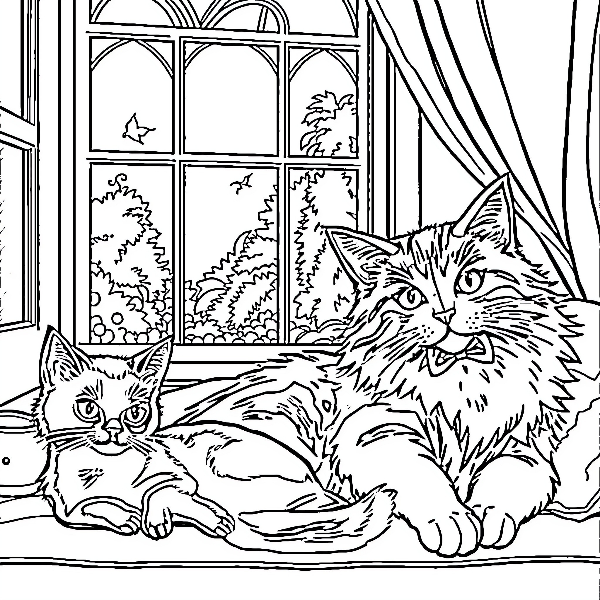 Cats relaxing by the window Coloring Page (free black-and-white line drawing printable PDF for all, from beginners to advanced learners, including children, teens, adults, and seniors)