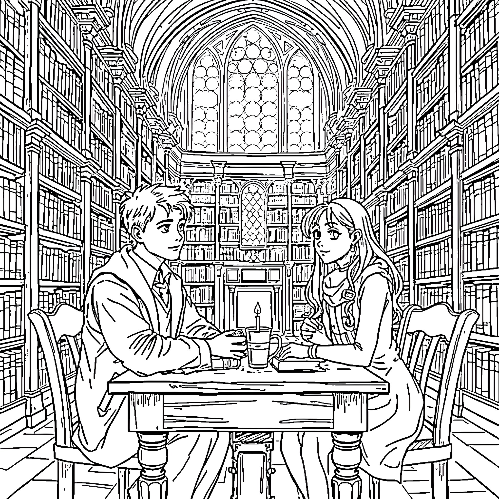 Draco Malfoy studying with a classmate in the library Coloring Page (free black-and-white line drawing printable PDF for all, from beginners to advanced learners, including children, teens, adults, and seniors)