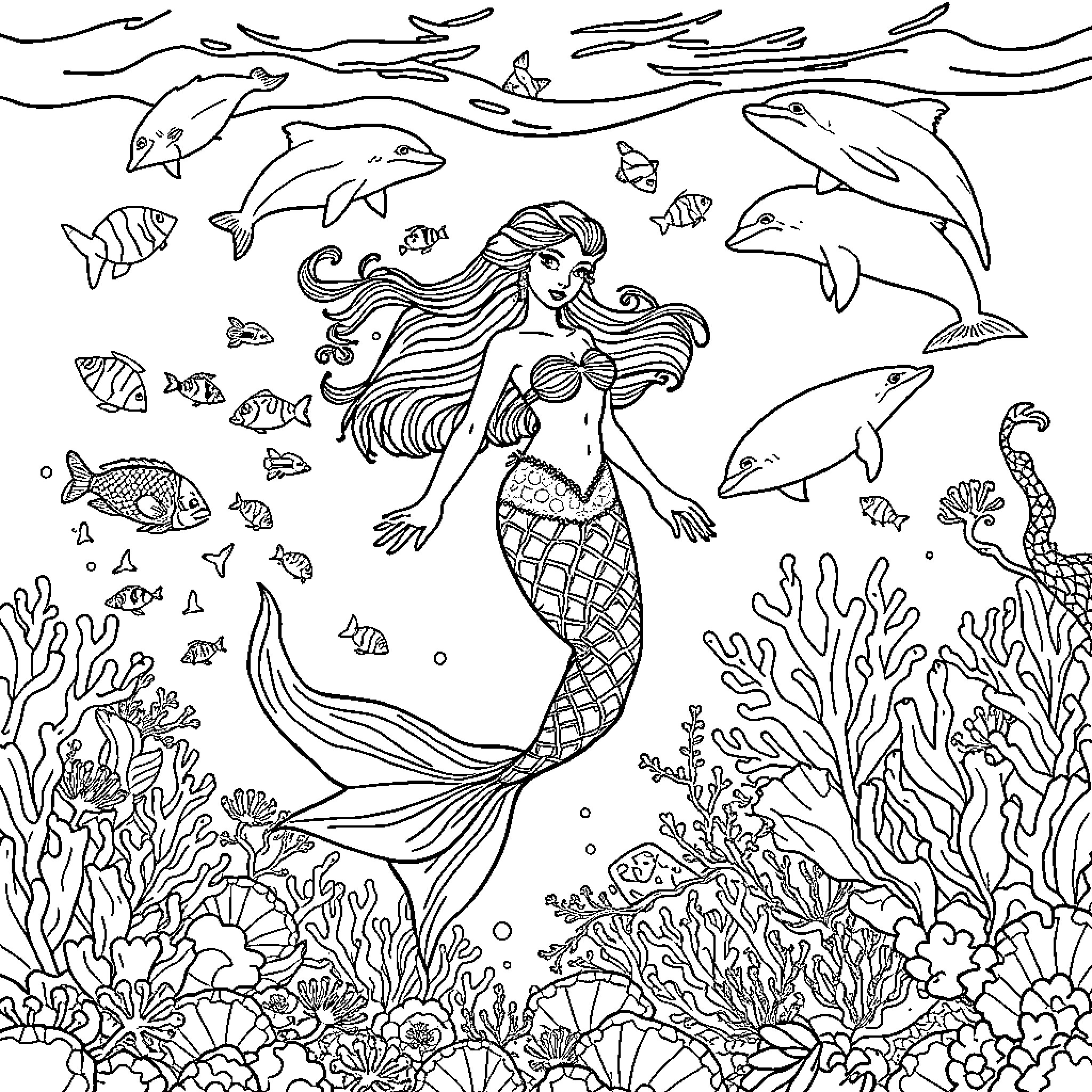 Mermaid swimming gracefully amidst marine life Coloring Page (free black-and-white line drawing printable PDF for all, from beginners to advanced learners, including children, teens, adults, and seniors)