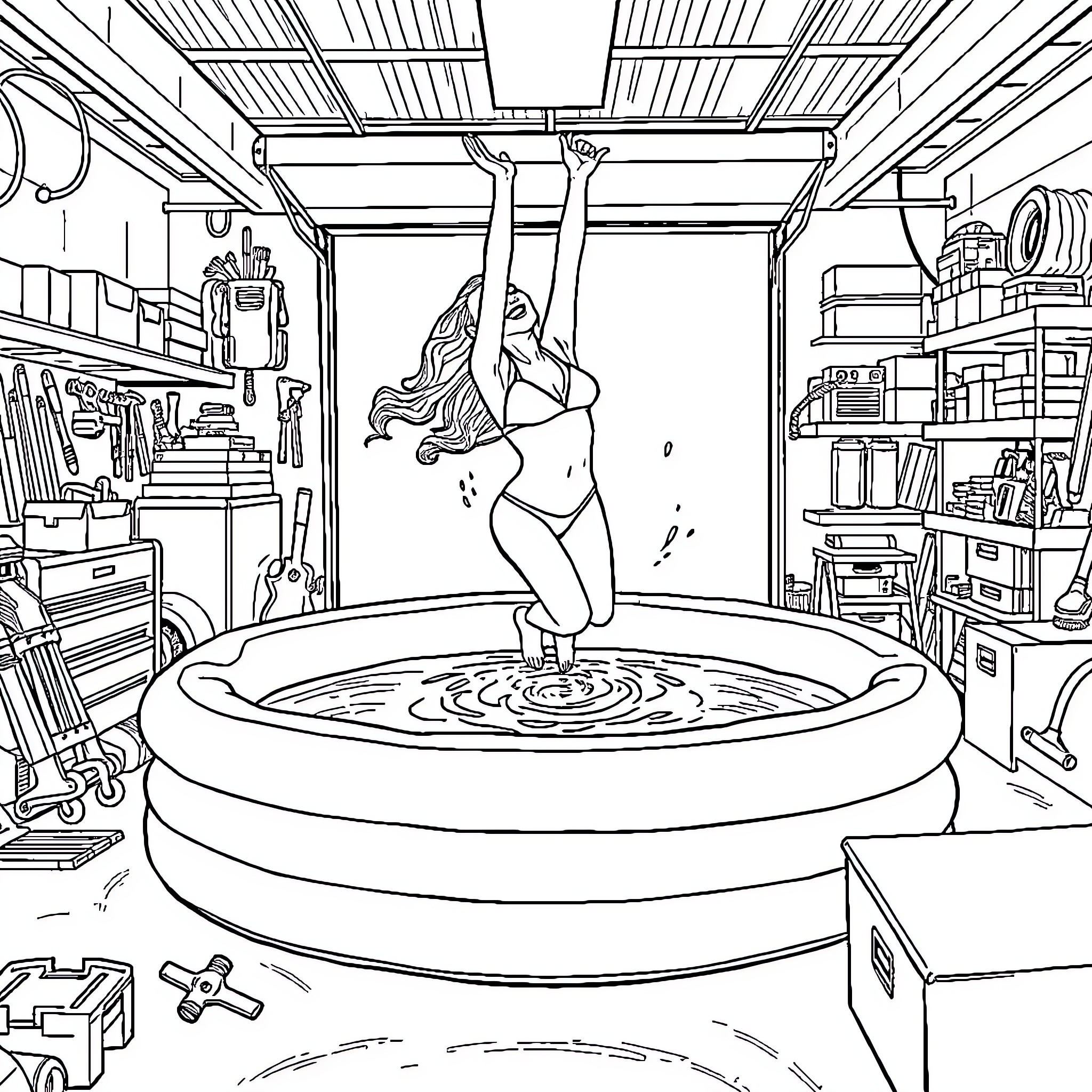 Dua Lipa relaxing in a hot tub in her home studio Coloring Page (free black-and-white line drawing printable PDF for all, from beginners to advanced learners, including children, teens, adults, and seniors)