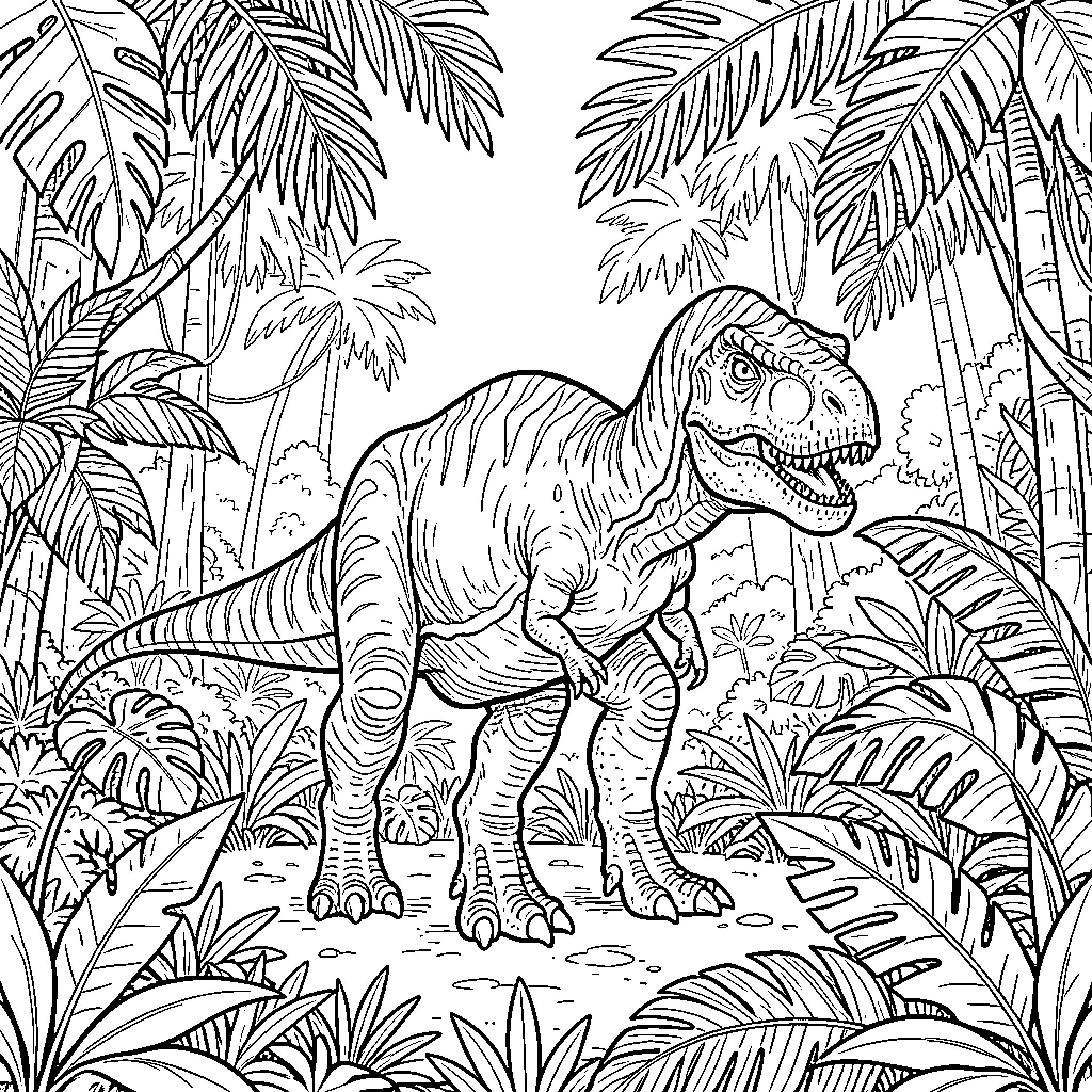 Dinosaur Roaming Through the Lush Tropical Jungle Coloring Page (free black-and-white line drawing printable PDF for all, from beginners to advanced learners, including children, teens, adults, and seniors)