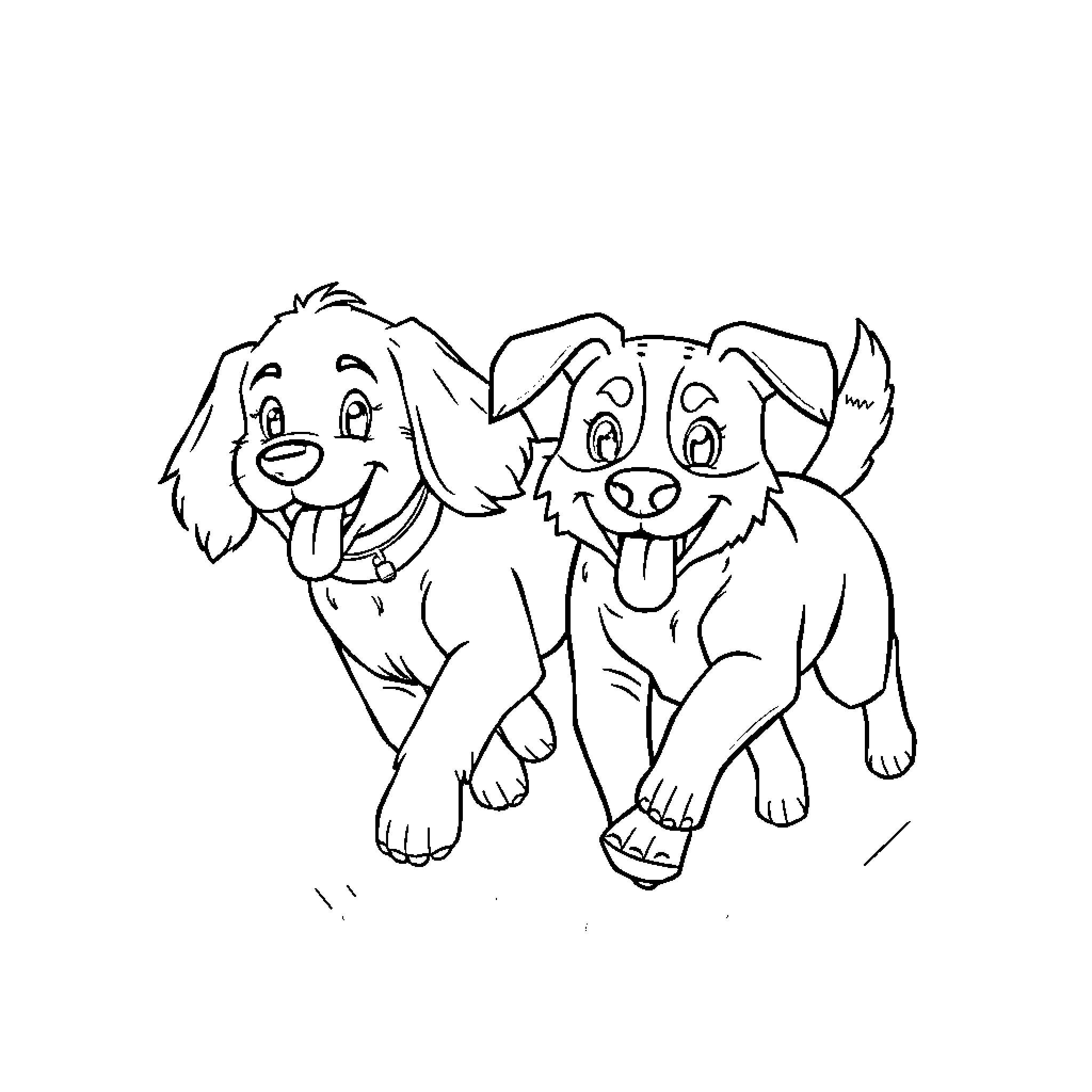 Dogs playing and enjoying together Coloring Page (free black-and-white line drawing printable PDF for all, from beginners to advanced learners, including children, teens, adults, and seniors)