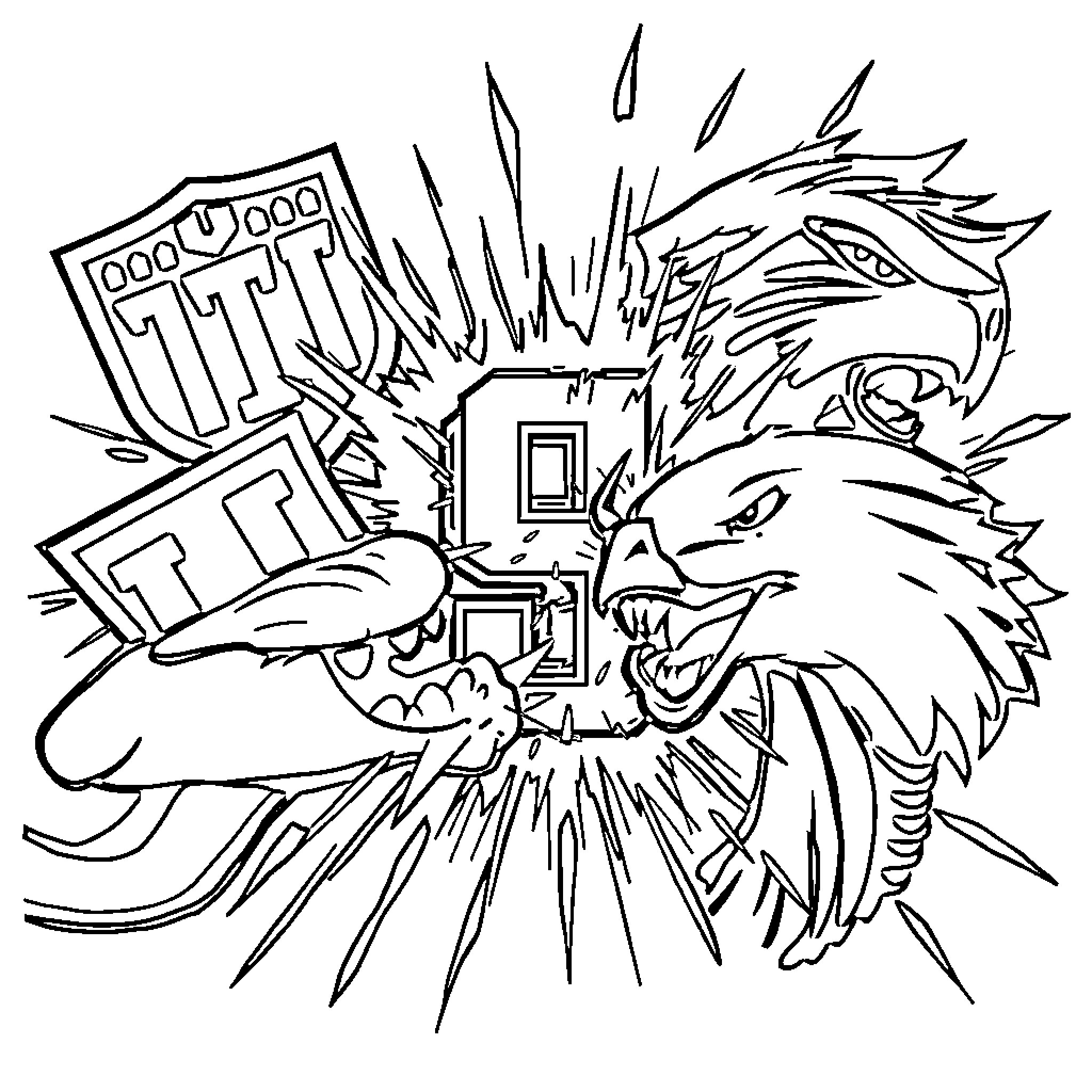 University Logo of Fierce Winged Creature Coloring Page (free black-and-white line drawing printable PDF for all, from beginners to advanced learners, including children, teens, adults, and seniors)