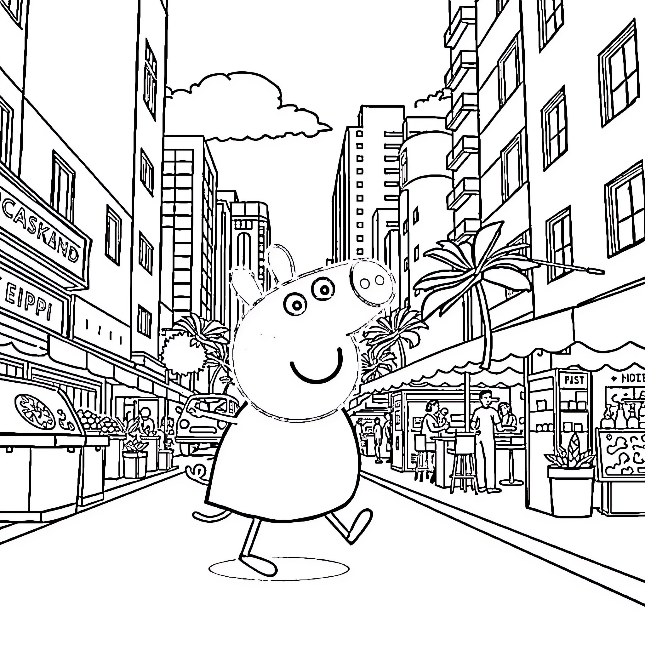 Peppa Pig exploring the city streets Coloring Page (free black-and-white line drawing printable PDF for all, from beginners to advanced learners, including children, teens, adults, and seniors)