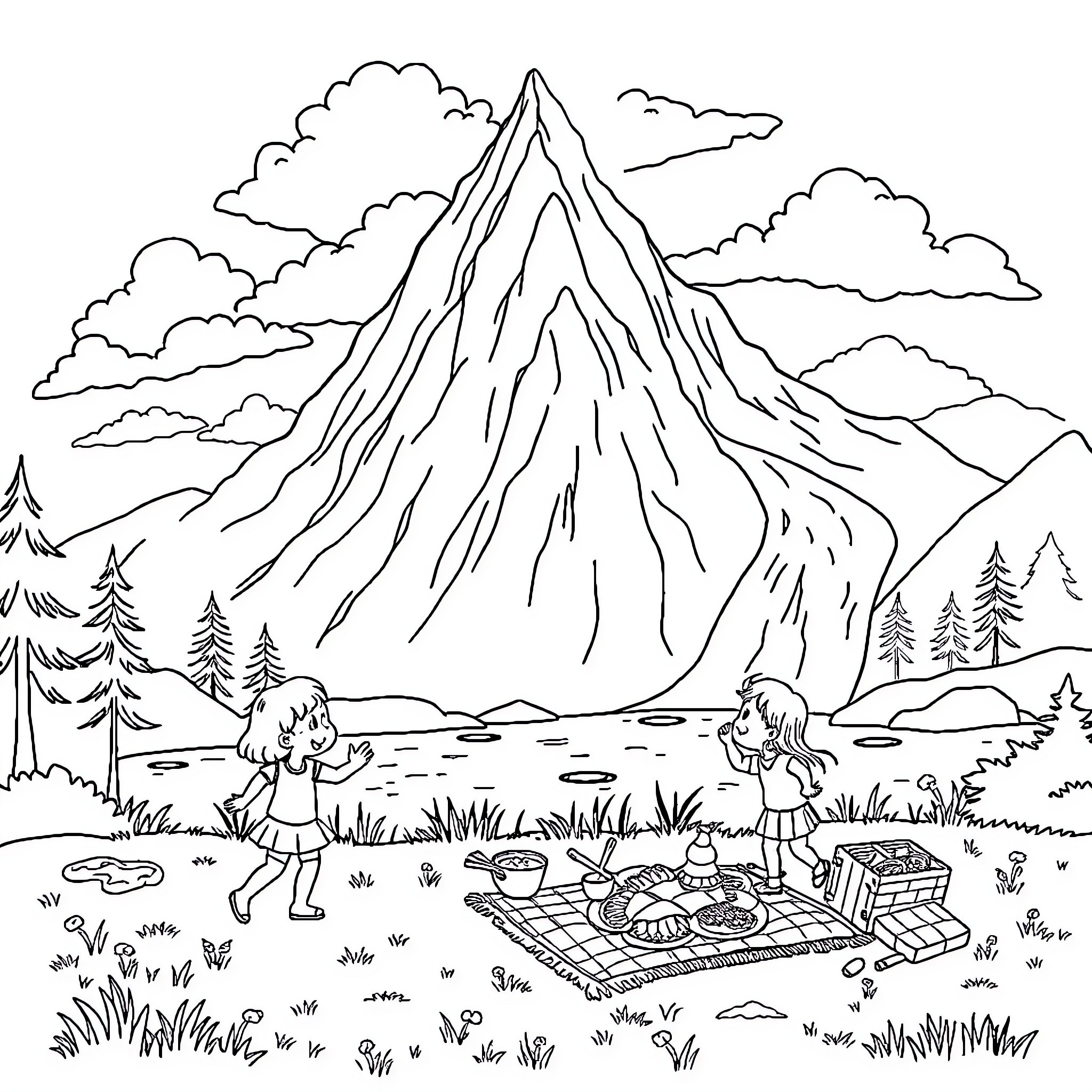 Kids enjoying picnic in serene mountain landscape Coloring Page (free black-and-white line drawing printable PDF for all, from beginners to advanced learners, including children, teens, adults, and seniors)