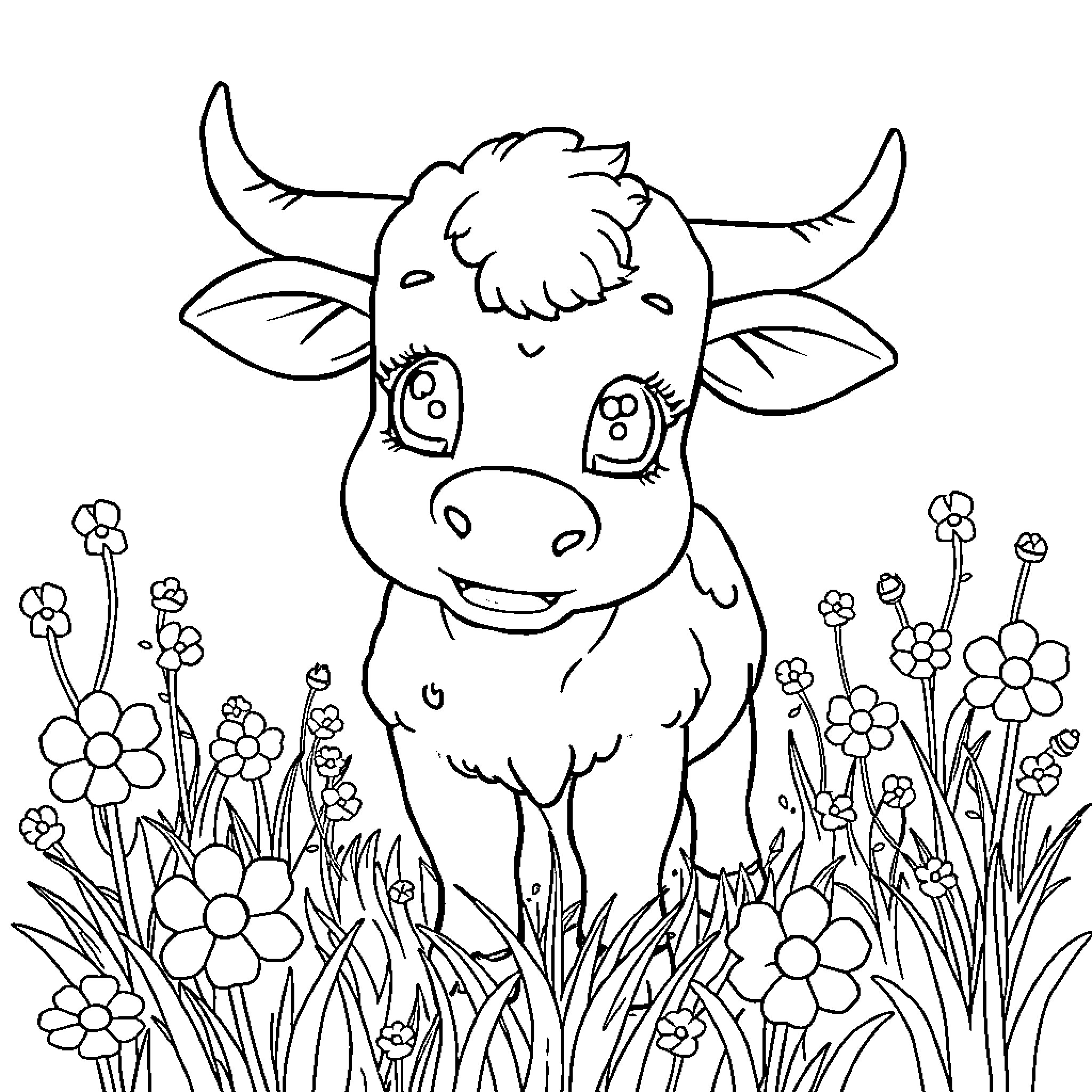 Cow in a Flowery Field Coloring Page (free black-and-white line drawing printable PDF for all, from beginners to advanced learners, including children, teens, adults, and seniors)