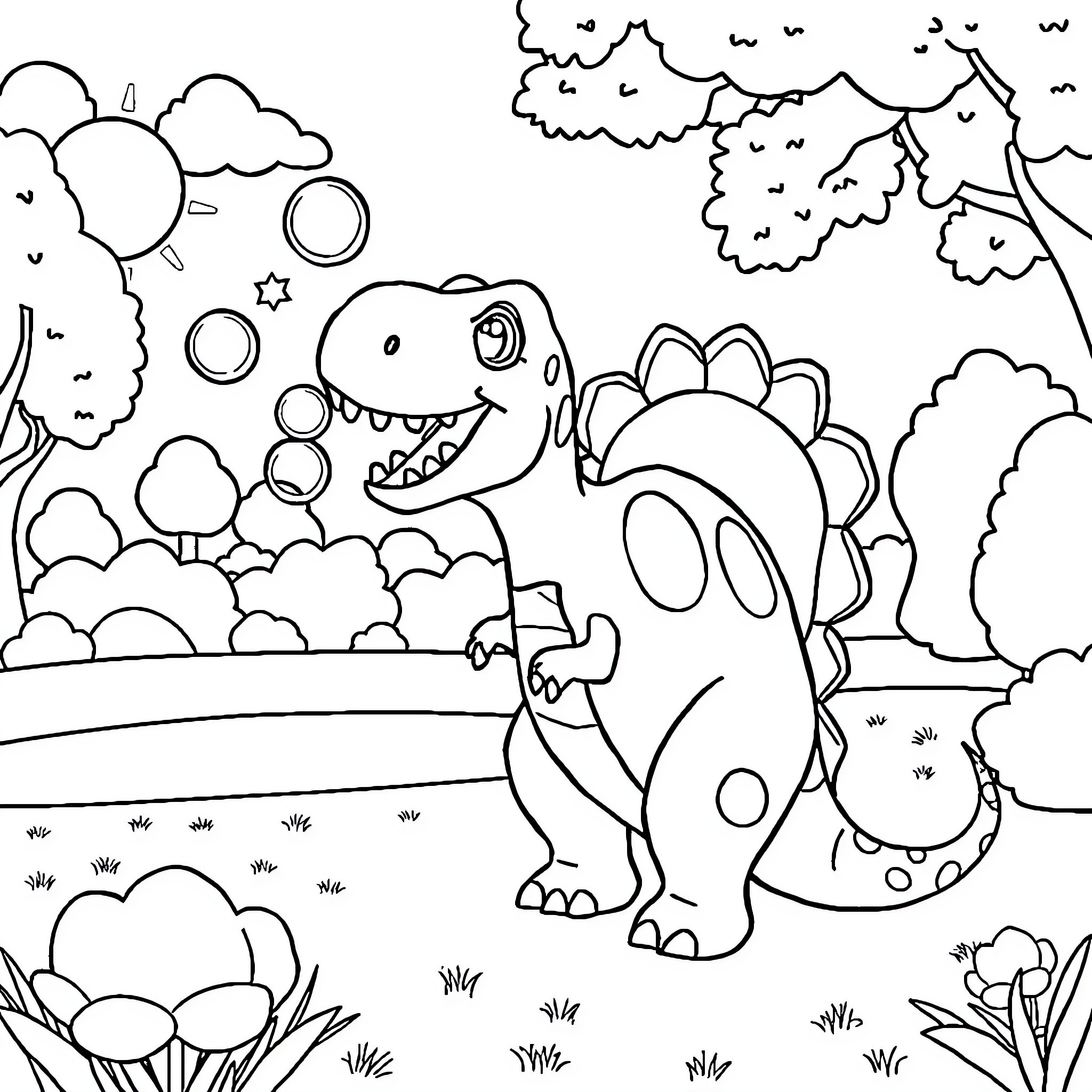Dinosaur playing joyfully in the natural landscape Coloring Page (free black-and-white line drawing printable PDF for all, from beginners to advanced learners, including children, teens, adults, and seniors)