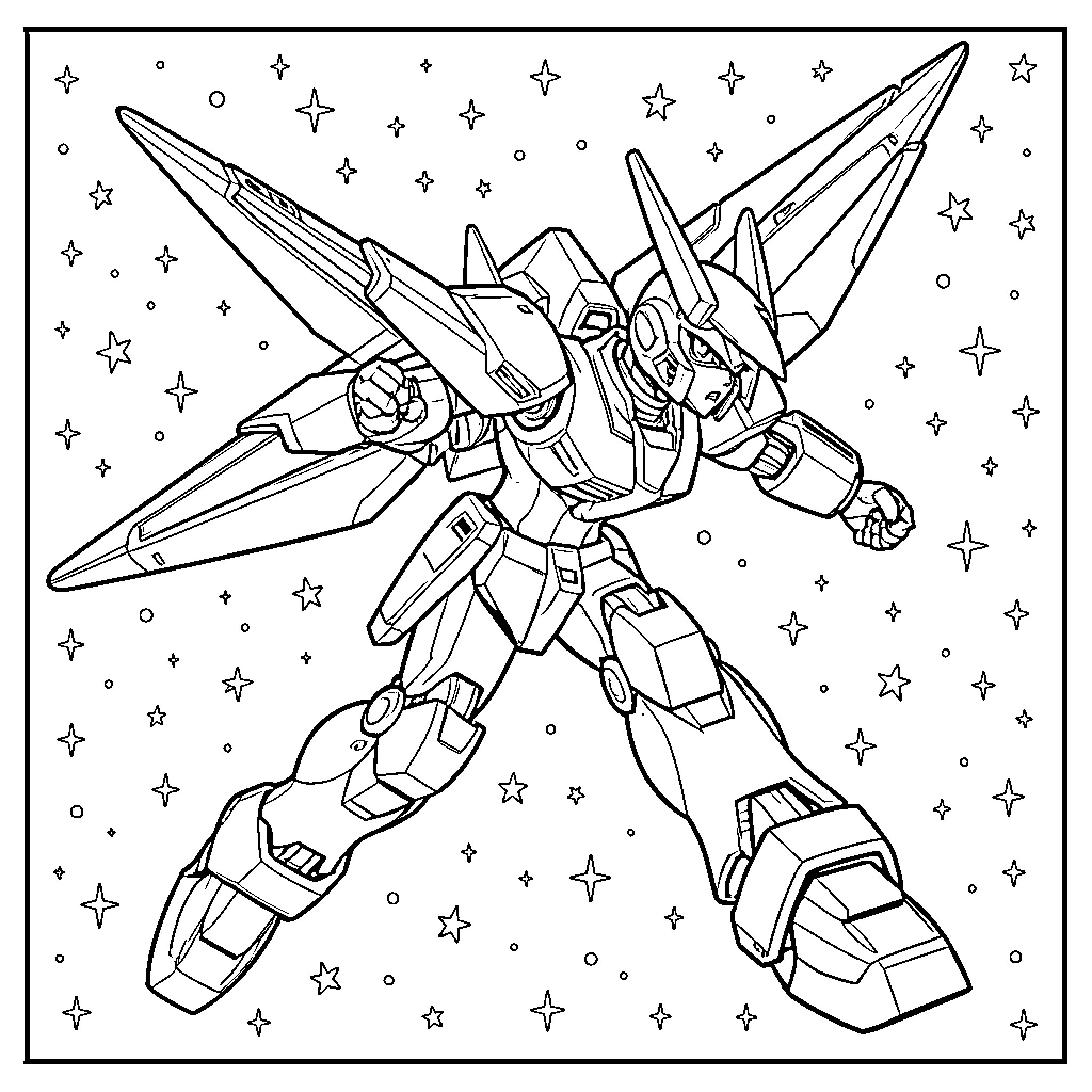 Gurren Lagann mecha posing dynamically amidst a starry sky Coloring Page (free black-and-white line drawing printable PDF for all, from beginners to advanced learners, including children, teens, adults, and seniors)