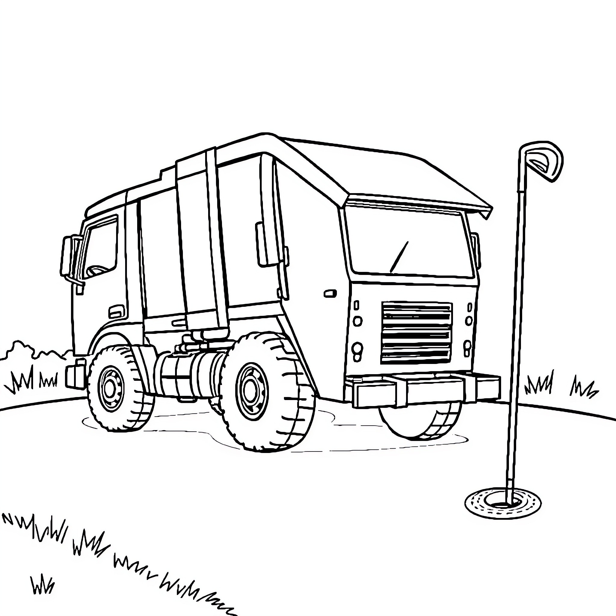 Trash Truck Collecting Waste on a Grassy Landscape Coloring Page (free black-and-white line drawing printable PDF for all, from beginners to advanced learners, including children, teens, adults, and seniors)