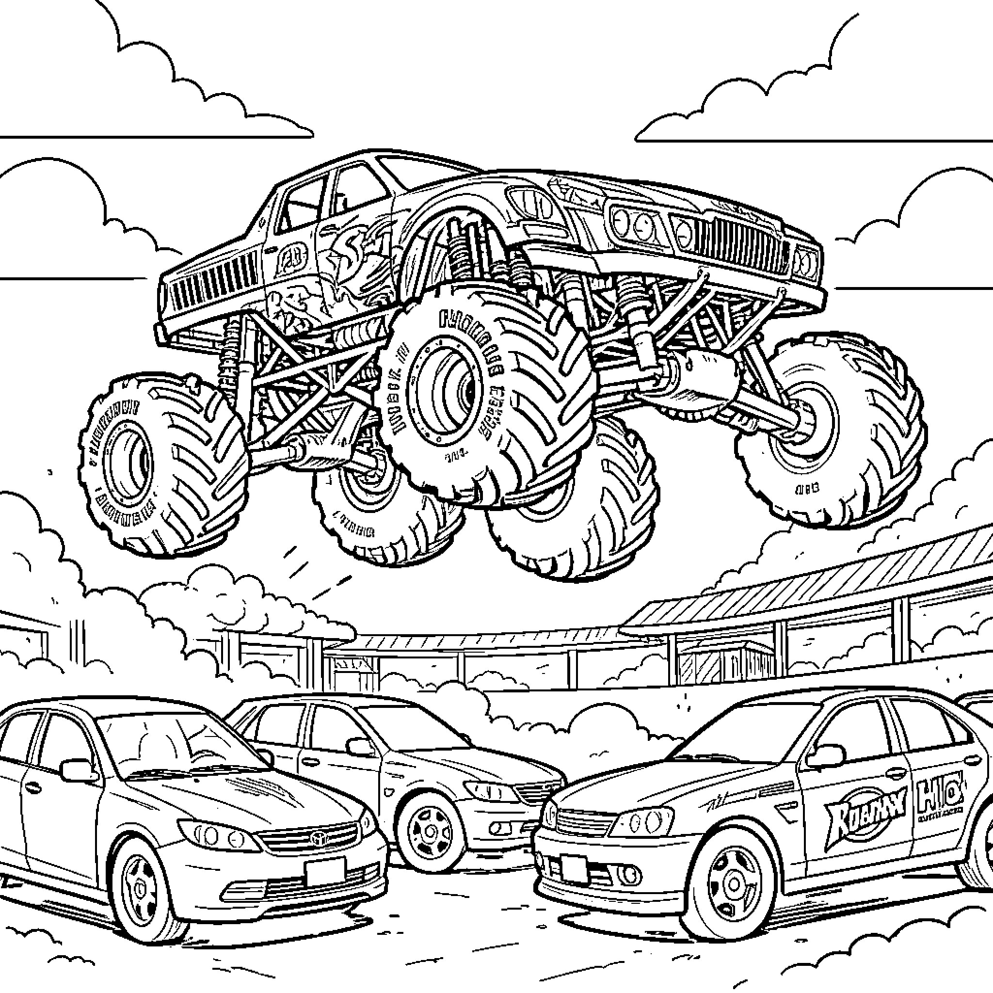 Monster Truck Soaring Over Compact Cars on the Road Coloring Page (free black-and-white line drawing printable PDF for all, from beginners to advanced learners, including children, teens, adults, and seniors)