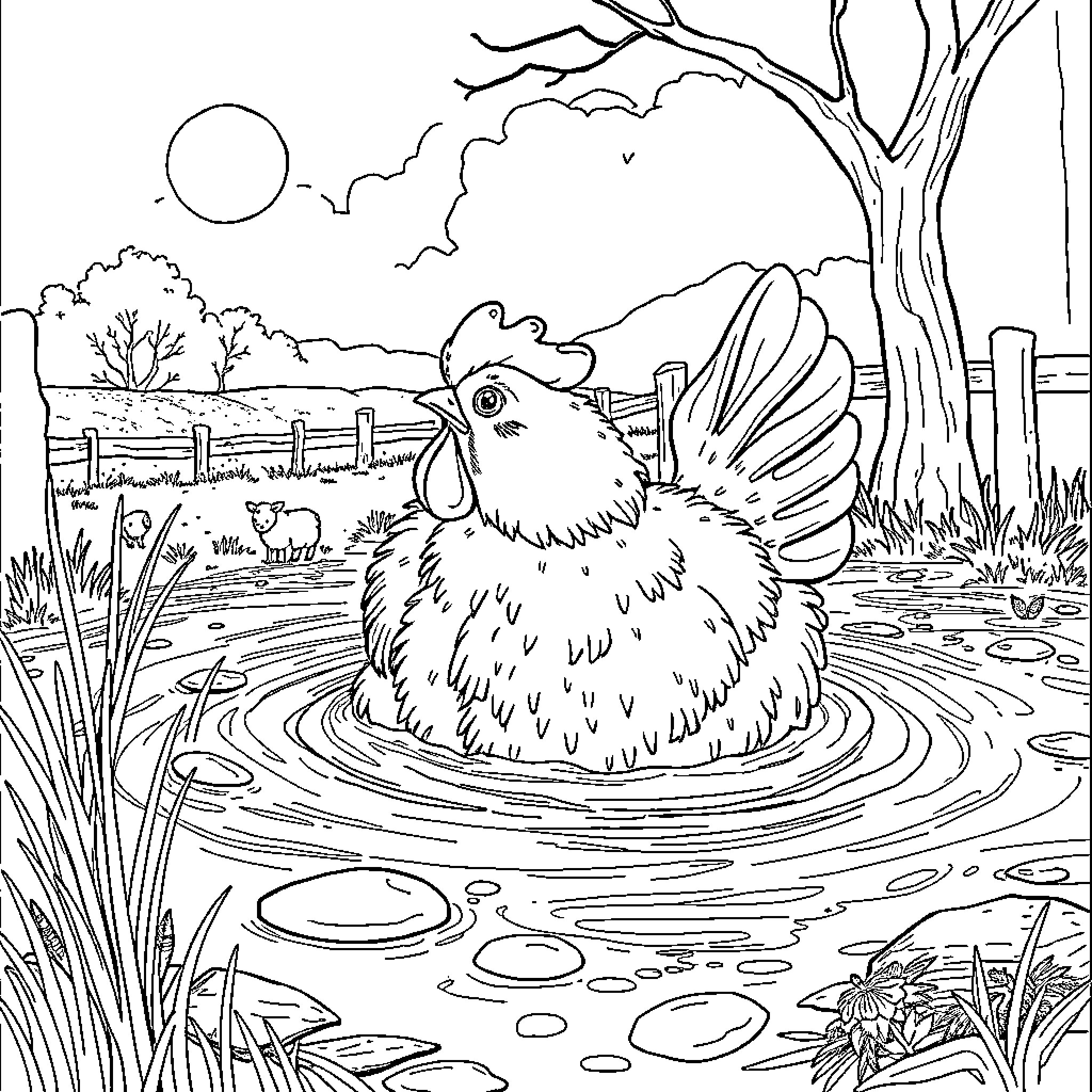 Pig lounging in a peaceful pond Coloring Page (free black-and-white line drawing printable PDF for all, from beginners to advanced learners, including children, teens, adults, and seniors)