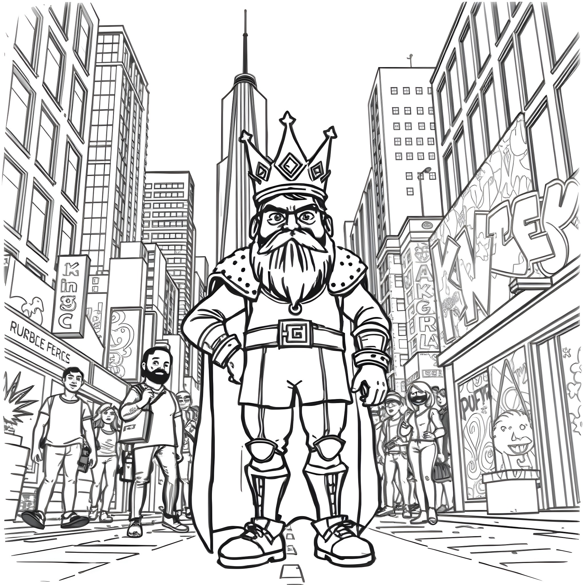 King Von's Regal Presence in a Bustling City Coloring Page (free black-and-white line drawing printable PDF for all, from beginners to advanced learners, including children, teens, adults, and seniors)