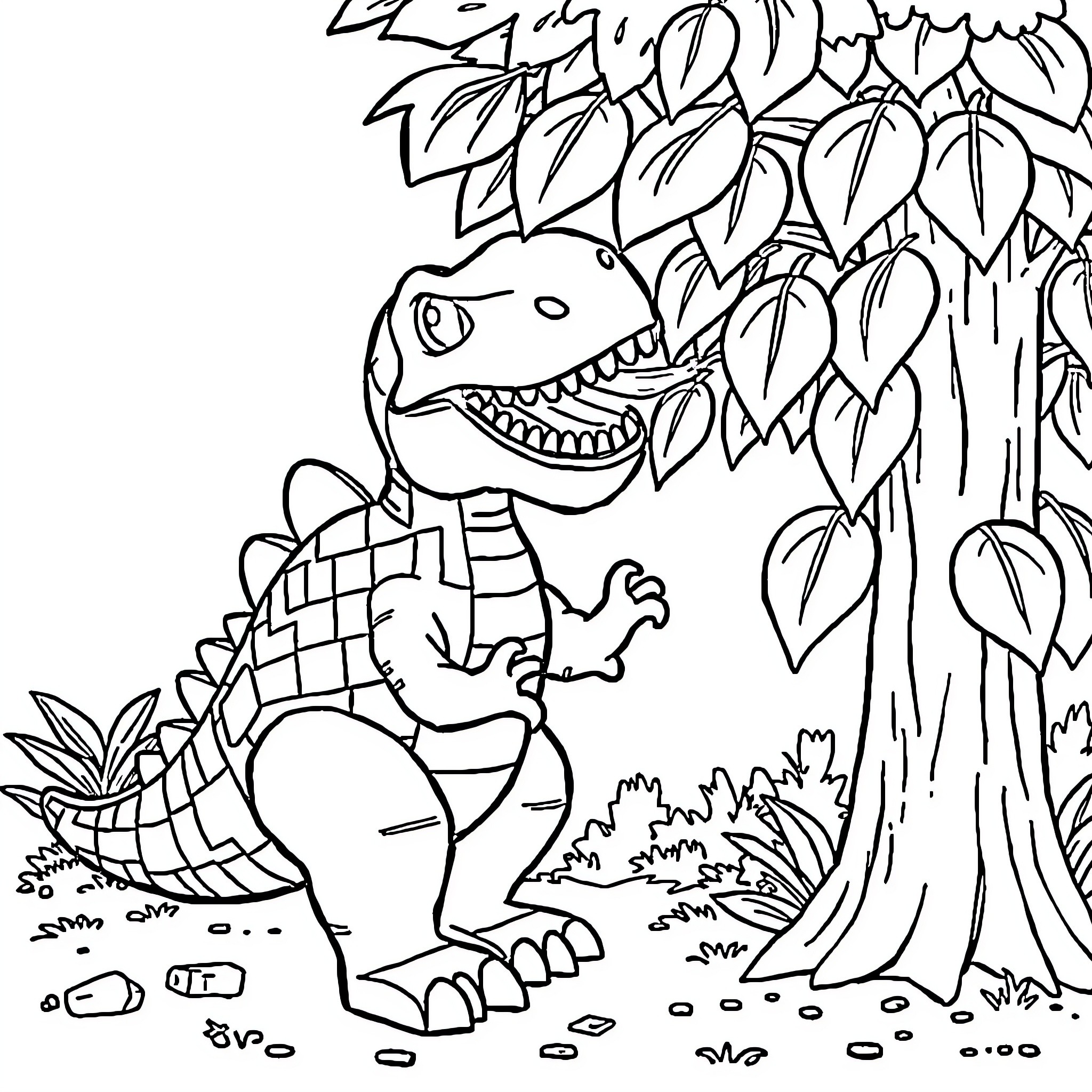 Dinosaur exploring in the forest Coloring Page (free black-and-white line drawing printable PDF for all, from beginners to advanced learners, including children, teens, adults, and seniors)