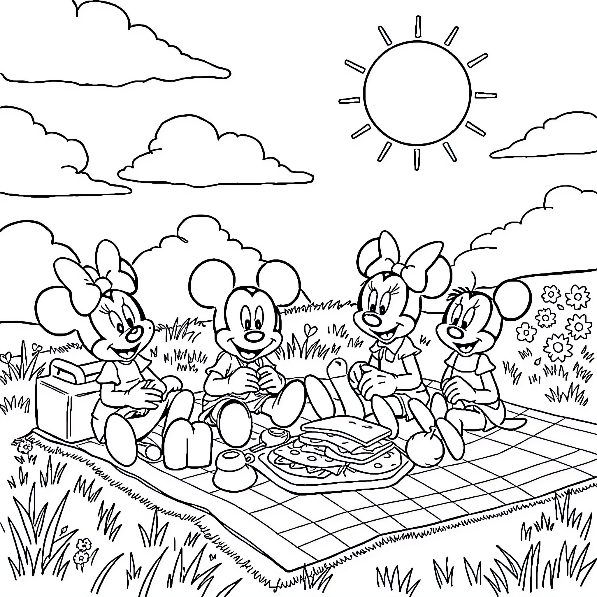 Disney Characters Having a Picnic Outdoors Coloring Page (free black-and-white line drawing printable PDF for all, from beginners to advanced learners, including children, teens, adults, and seniors)