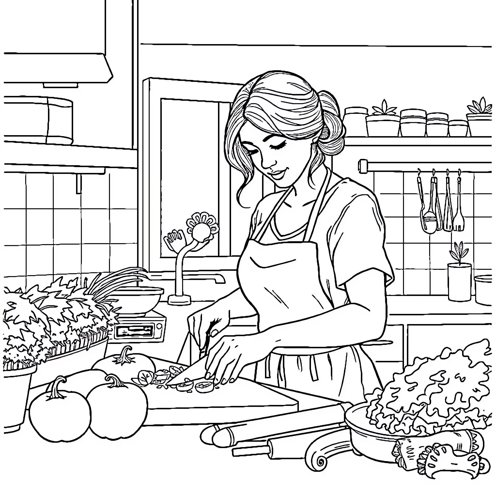 Woman preparing a meal in the kitchen Coloring Page (free black-and-white line drawing printable PDF for all, from beginners to advanced learners, including children, teens, adults, and seniors)