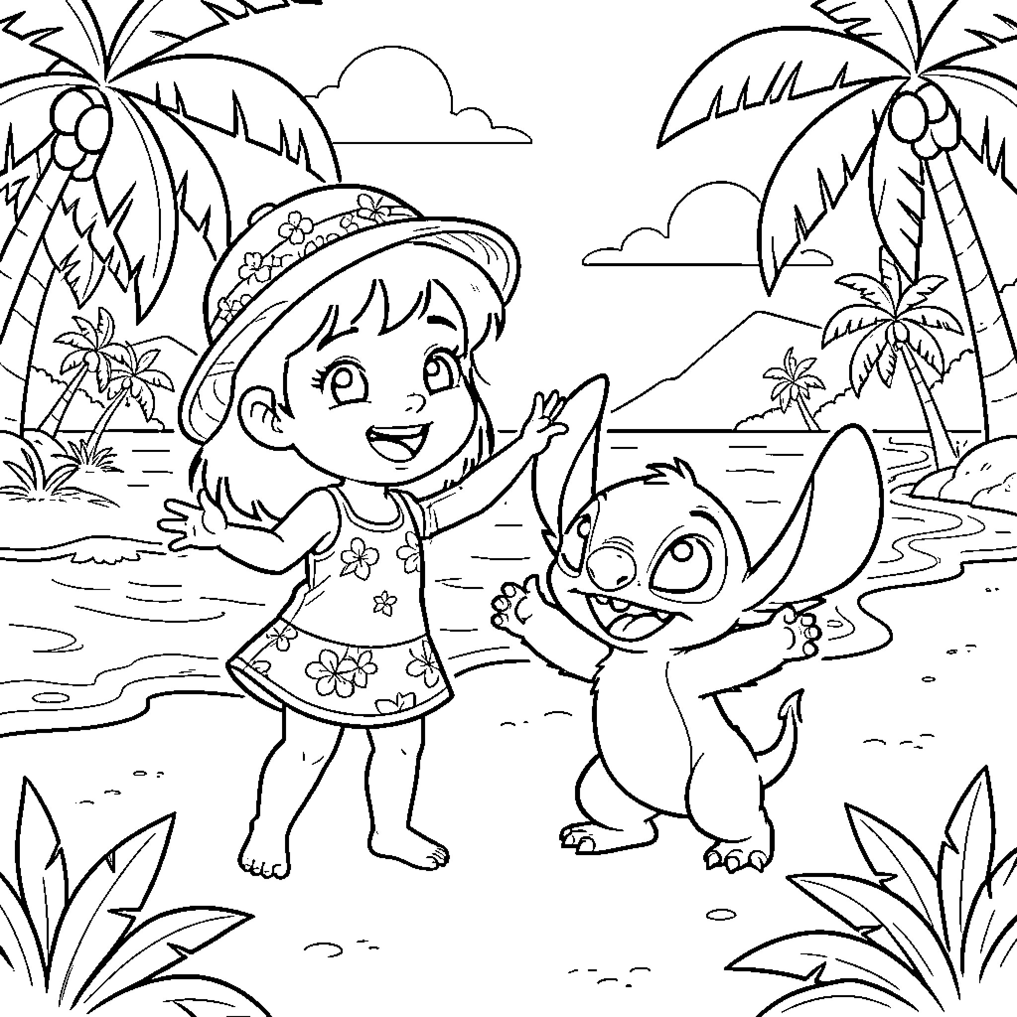 Lilo And Stitch playing happily on the beach Coloring Page (free black-and-white line drawing printable PDF for all, from beginners to advanced learners, including children, teens, adults, and seniors)