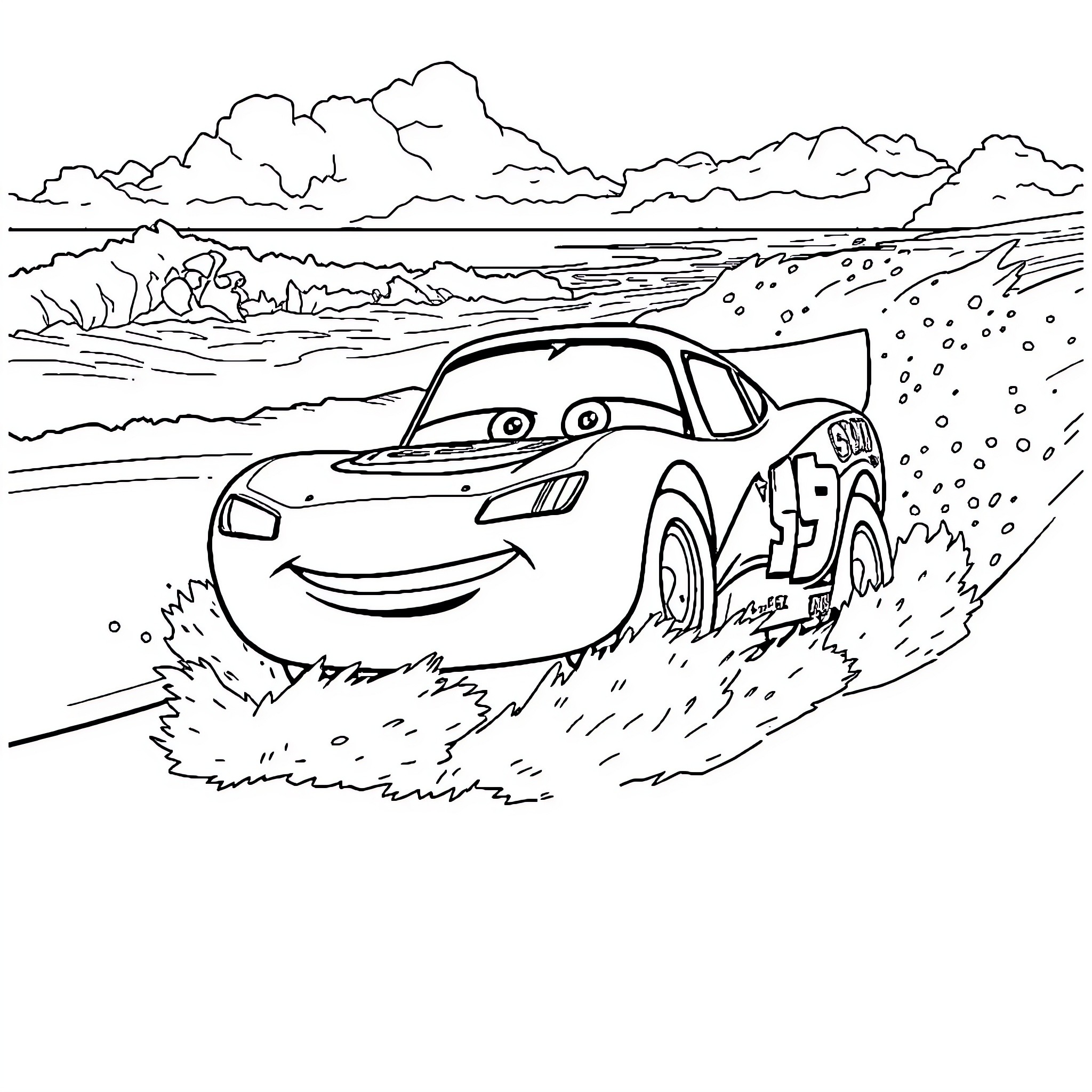 Rayo McQueen racing through the countryside Coloring Page (free black-and-white line drawing printable PDF for all, from beginners to advanced learners, including children, teens, adults, and seniors)