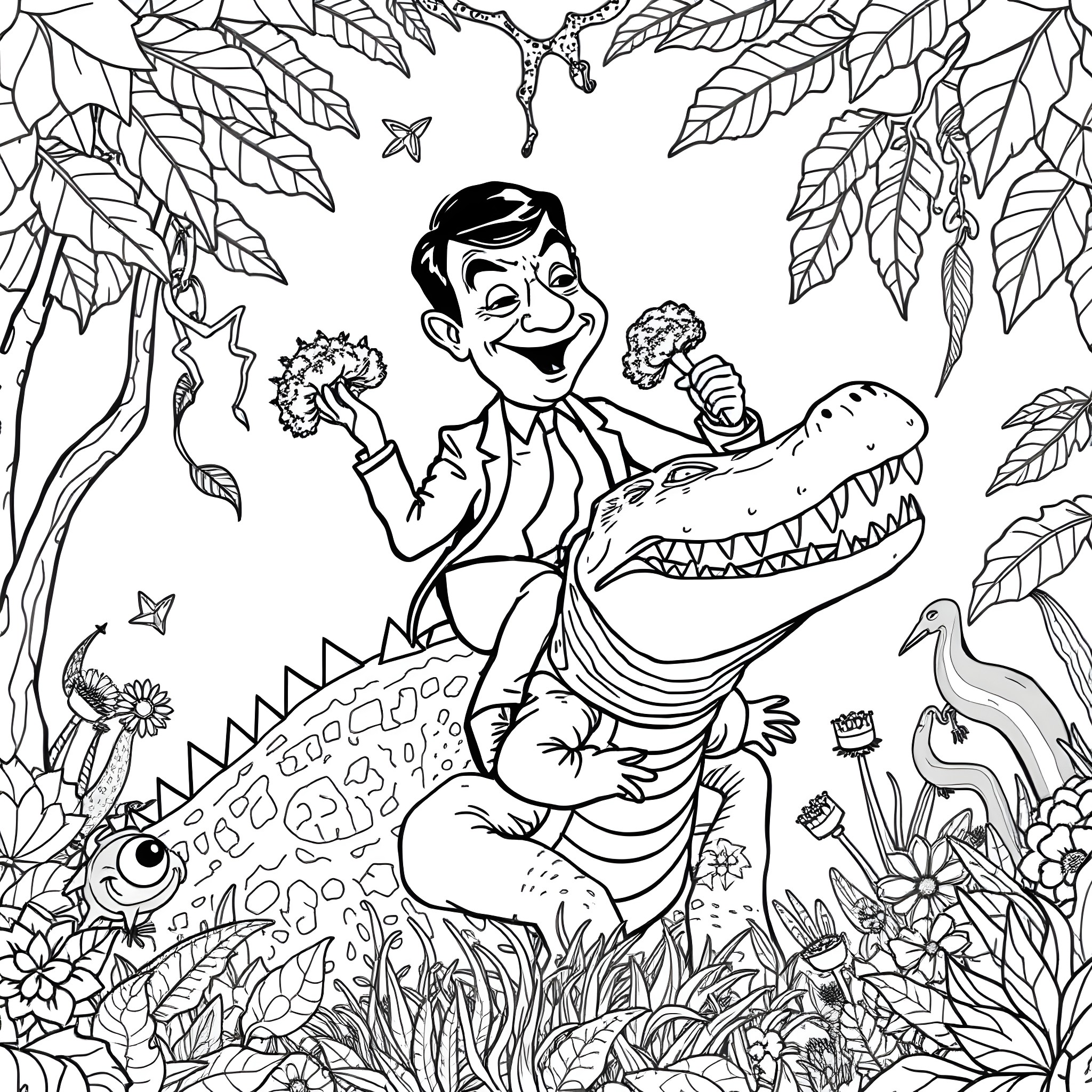 Mr Bean playing with a crocodile in the jungle Coloring Page (free black-and-white line drawing printable PDF for all, from beginners to advanced learners, including children, teens, adults, and seniors)