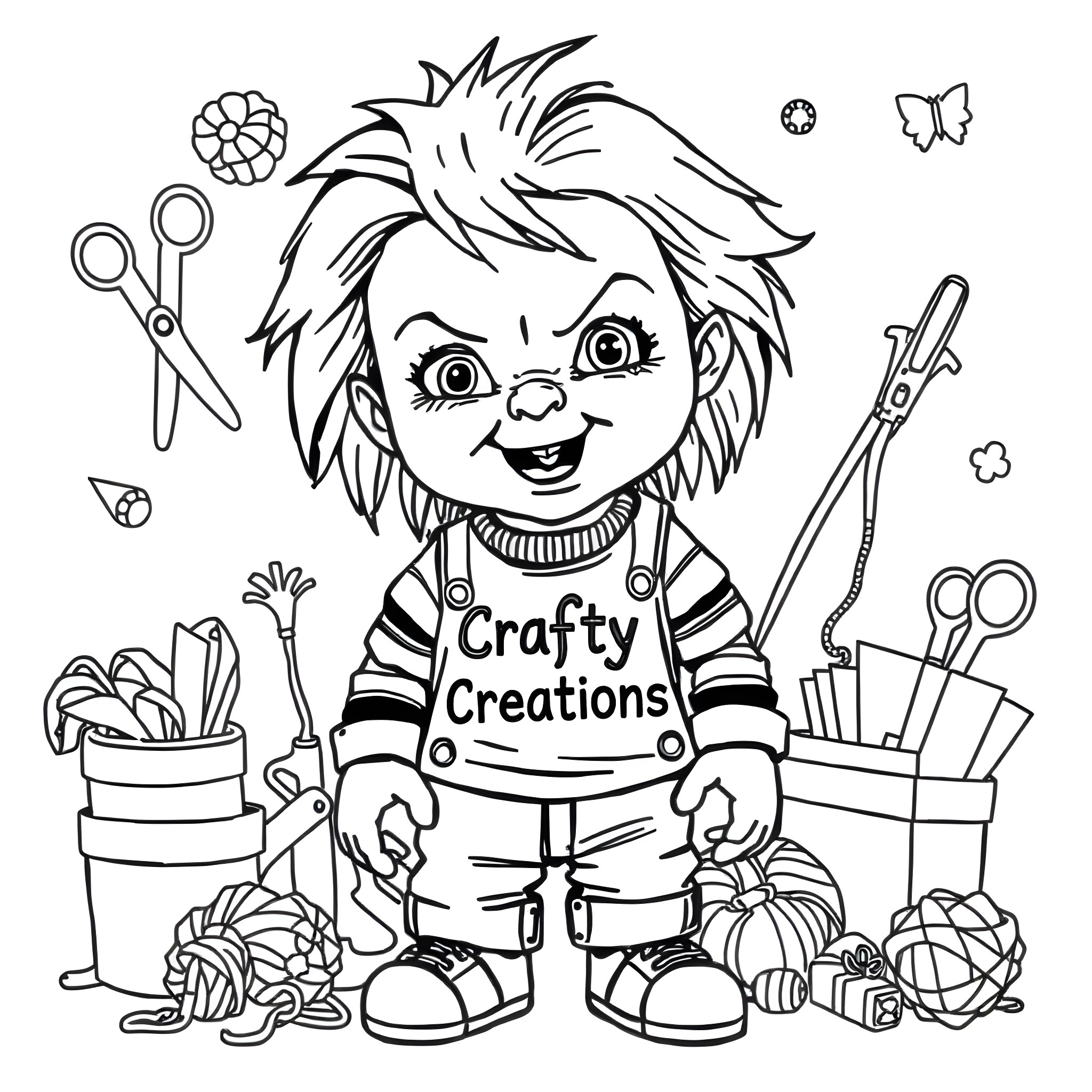 Chucky Crafty Creations with Arts and Crafts Supplies Coloring Page (free black-and-white line drawing printable PDF for all, from beginners to advanced learners, including children, teens, adults, and seniors)