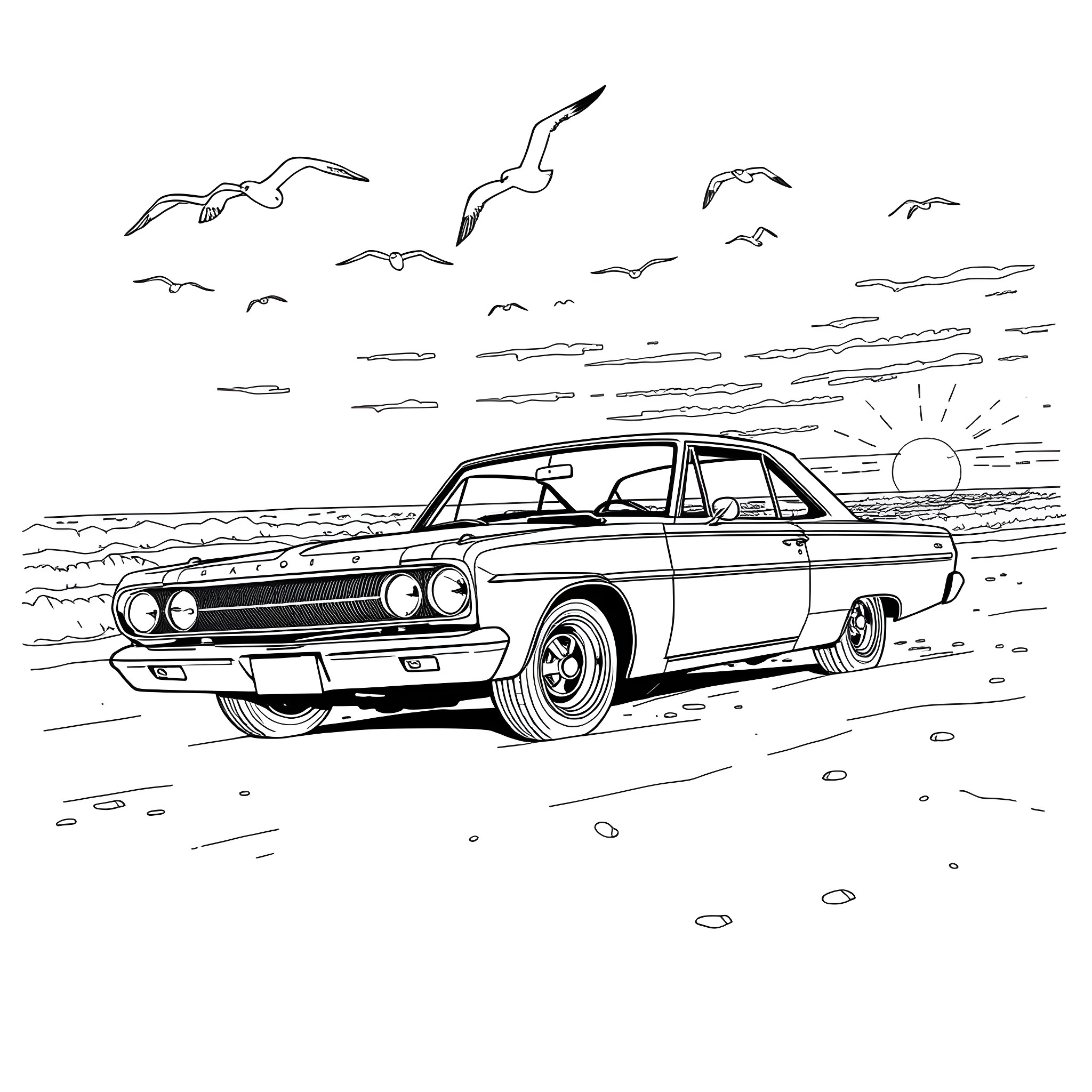 Plymouth Barracuda racing along the beach Coloring Page (free black-and-white line drawing printable PDF for all, from beginners to advanced learners, including children, teens, adults, and seniors)
