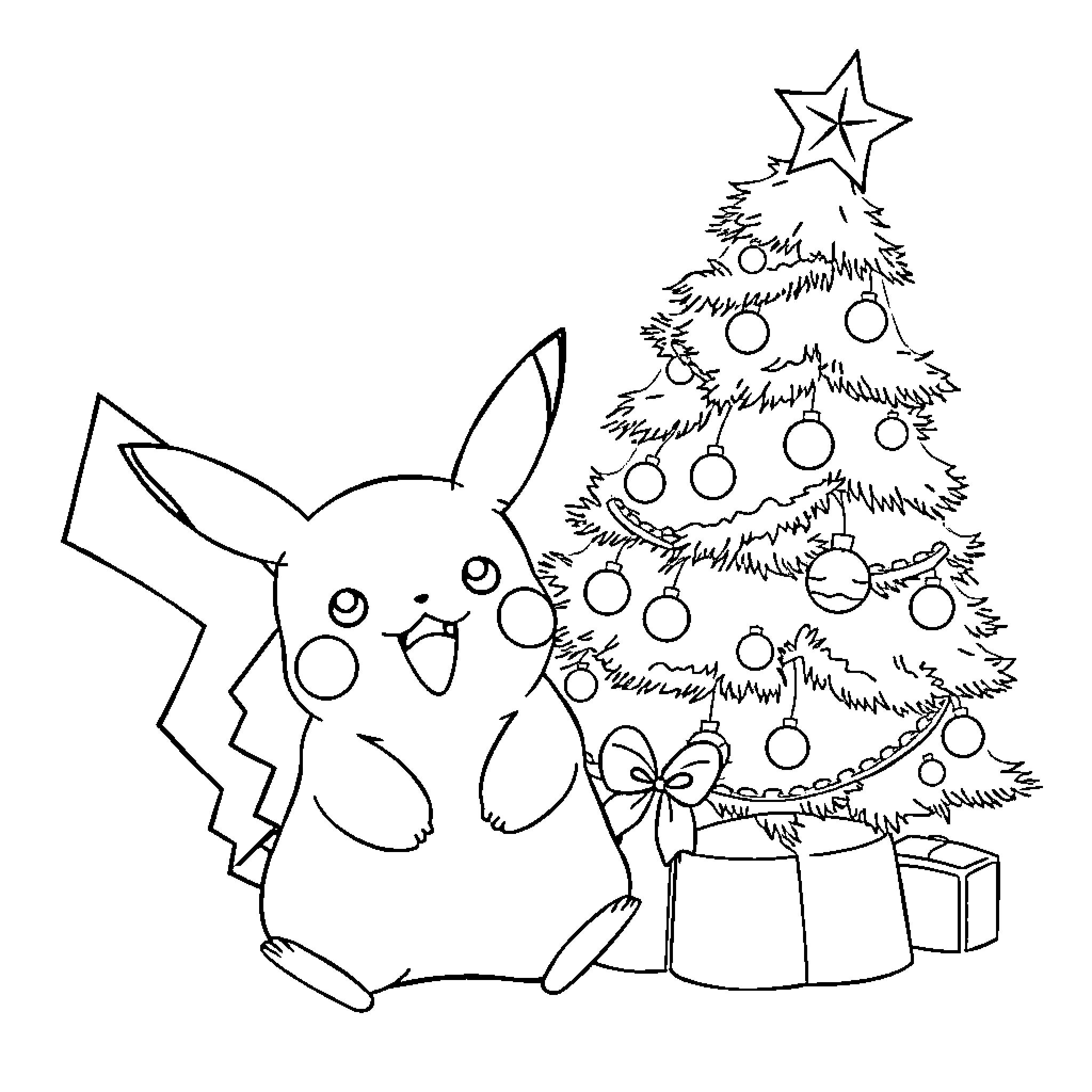Pikachu decorating Christmas tree with ornaments Coloring Page (free black-and-white line drawing printable PDF for all, from beginners to advanced learners, including children, teens, adults, and seniors)