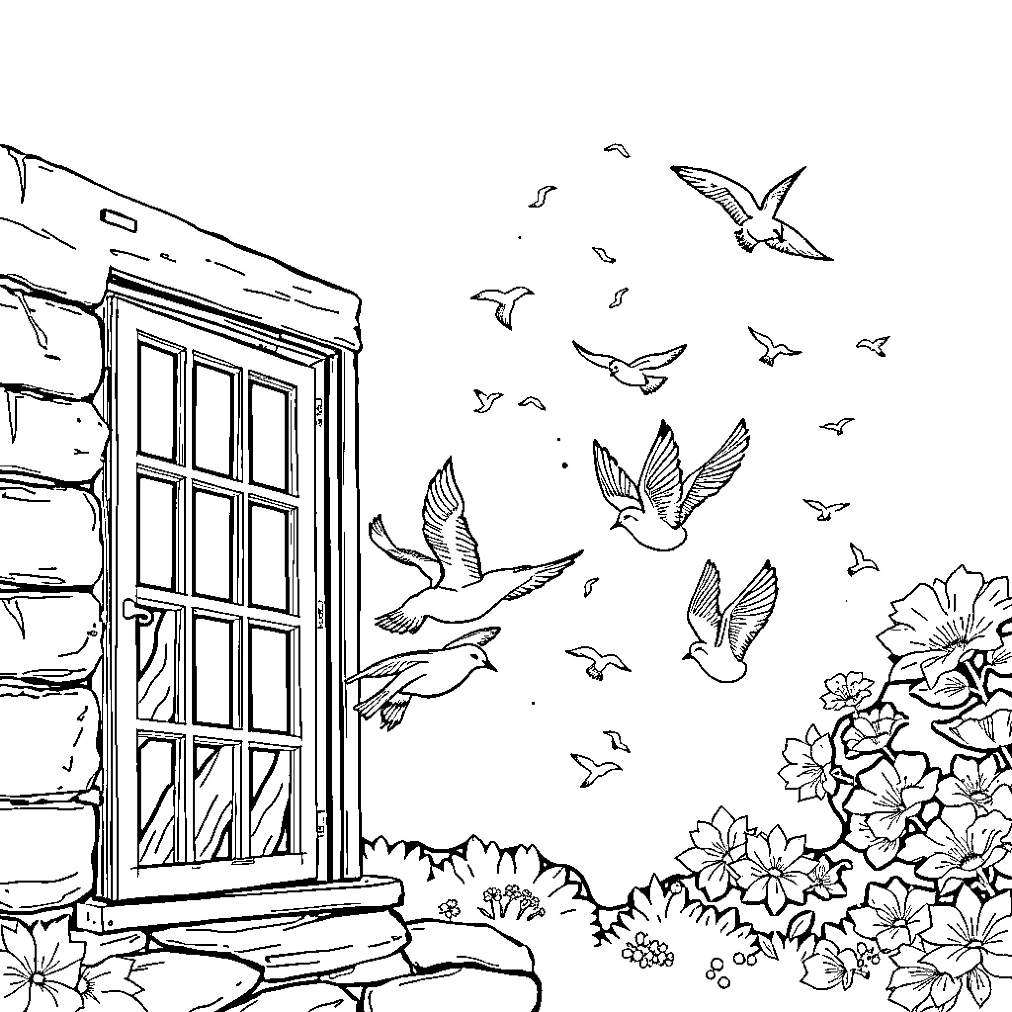 Thought of freedom in the garden Coloring Page (free black-and-white line drawing printable PDF for all, from beginners to advanced learners, including children, teens, adults, and seniors)