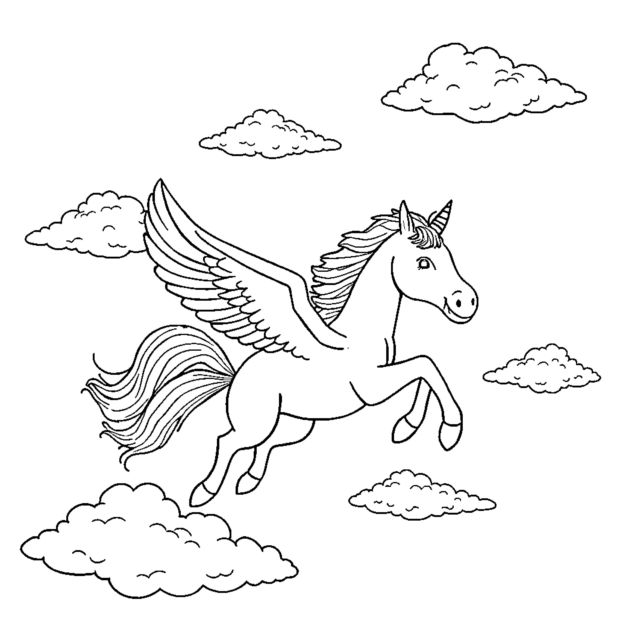 Donkey soaring through the cloudy sky Coloring Page (free black-and-white line drawing printable PDF for all, from beginners to advanced learners, including children, teens, adults, and seniors)