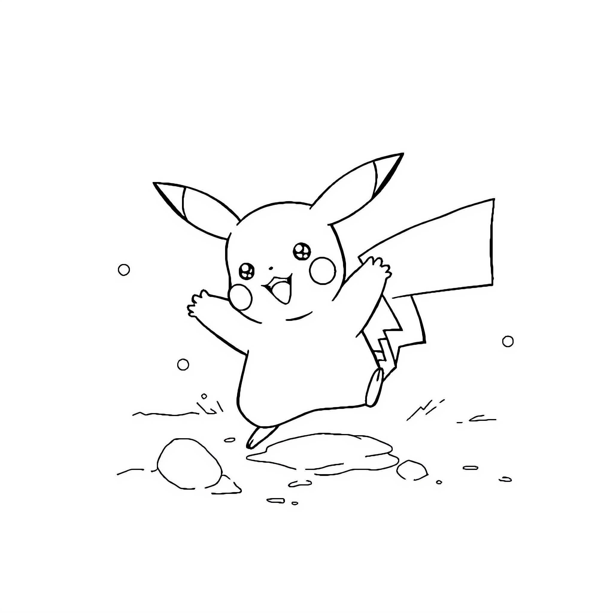 Pikachu playing energetically in the snow Coloring Page (free black-and-white line drawing printable PDF for all, from beginners to advanced learners, including children, teens, adults, and seniors)