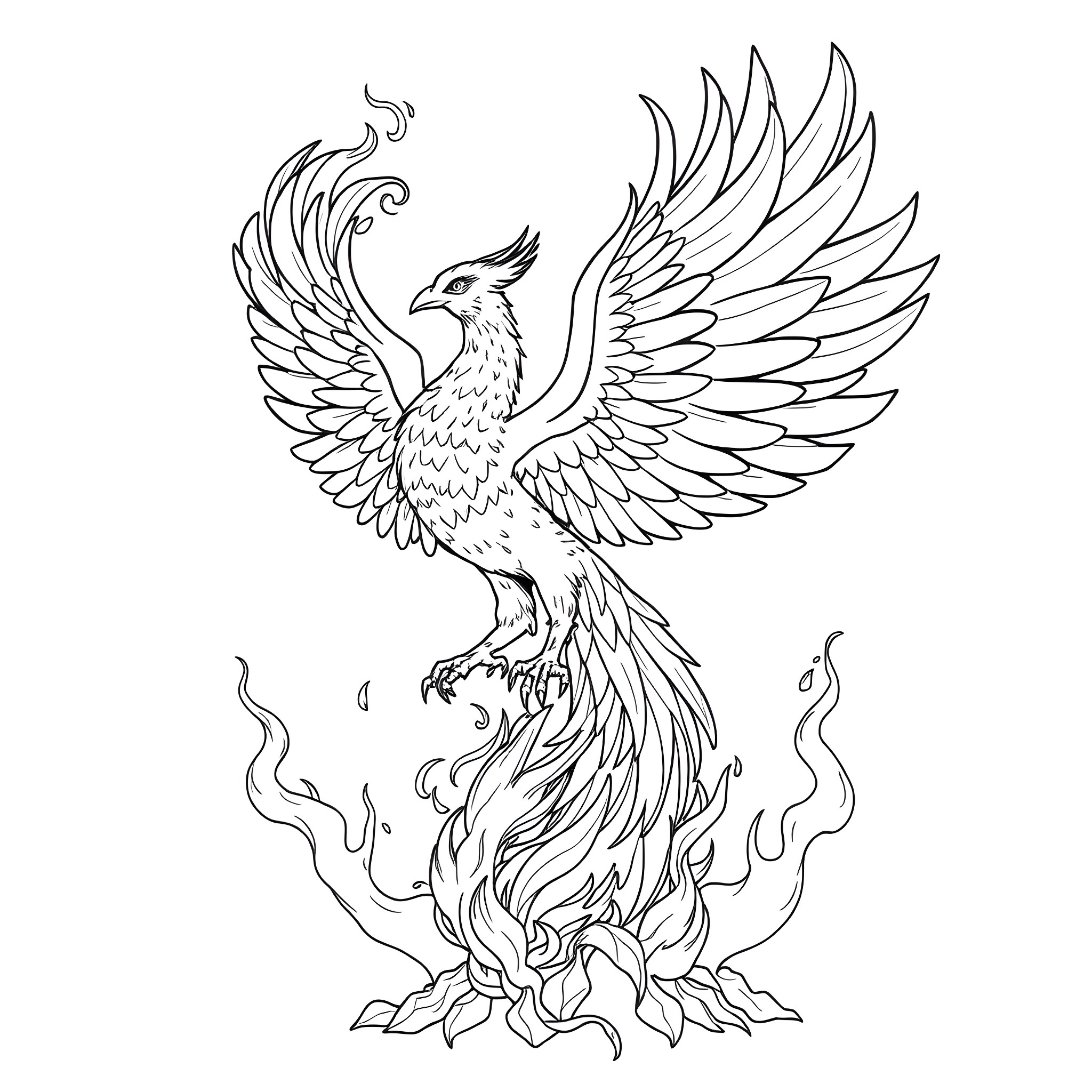 Phoenix rising from the flames Coloring Page (free black-and-white line drawing printable PDF for all, from beginners to advanced learners, including children, teens, adults, and seniors)