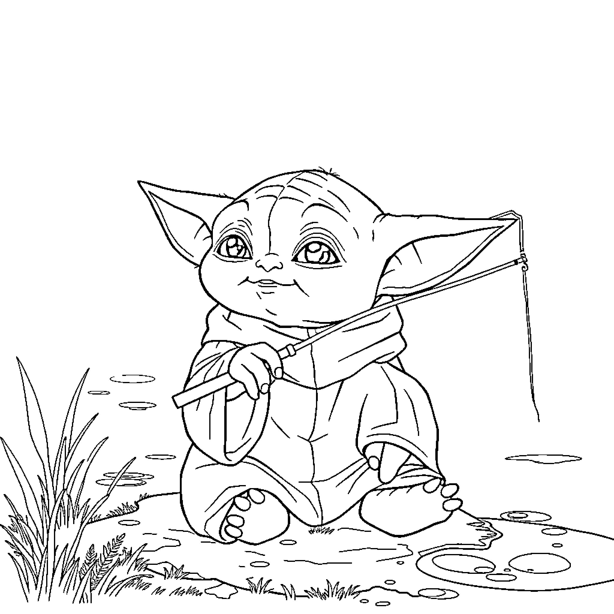 Baby Yoda exploring the pond Coloring Page (free black-and-white line drawing printable PDF for all, from beginners to advanced learners, including children, teens, adults, and seniors)